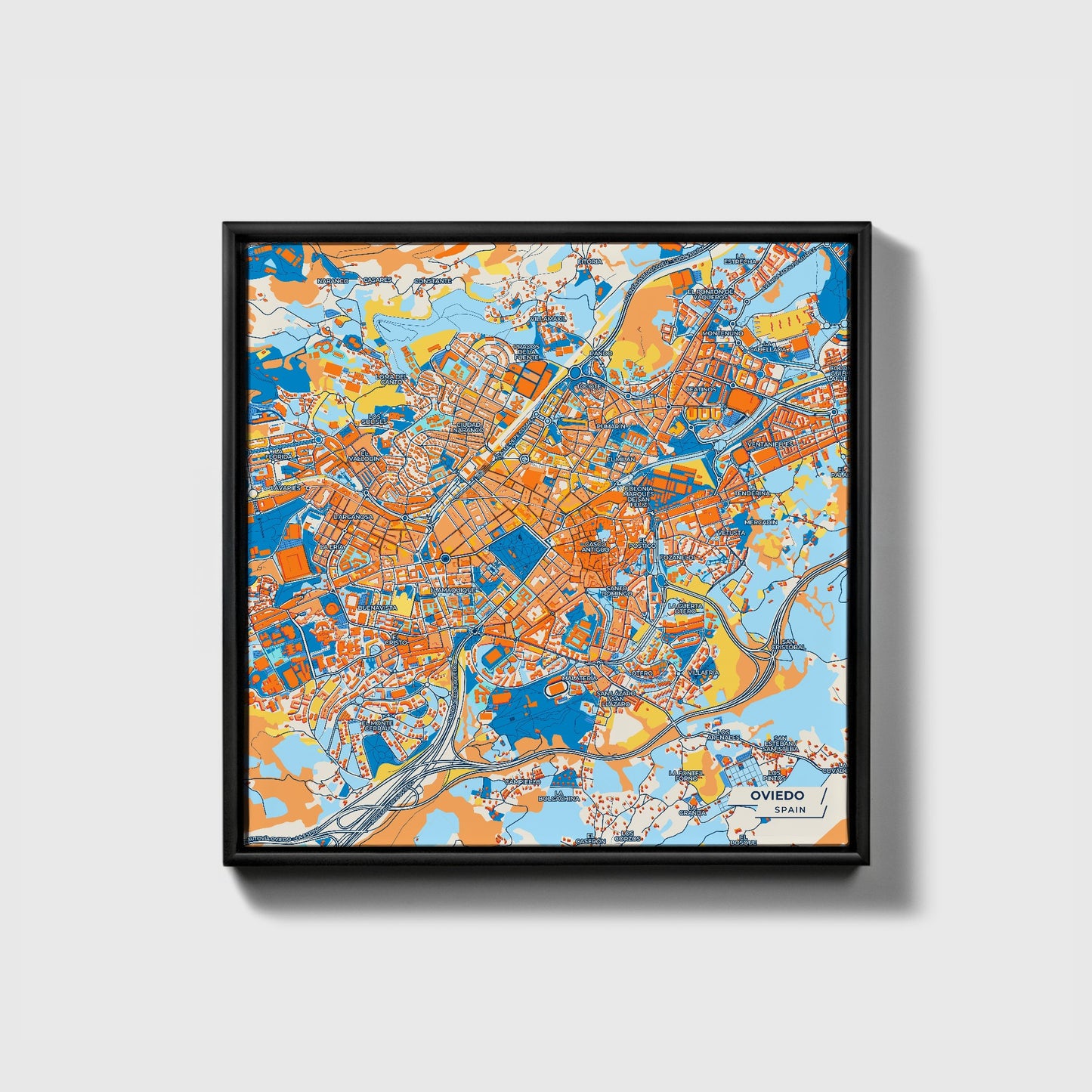 Oviedo Spain Colorful City Map Canvas Print • Black Framed