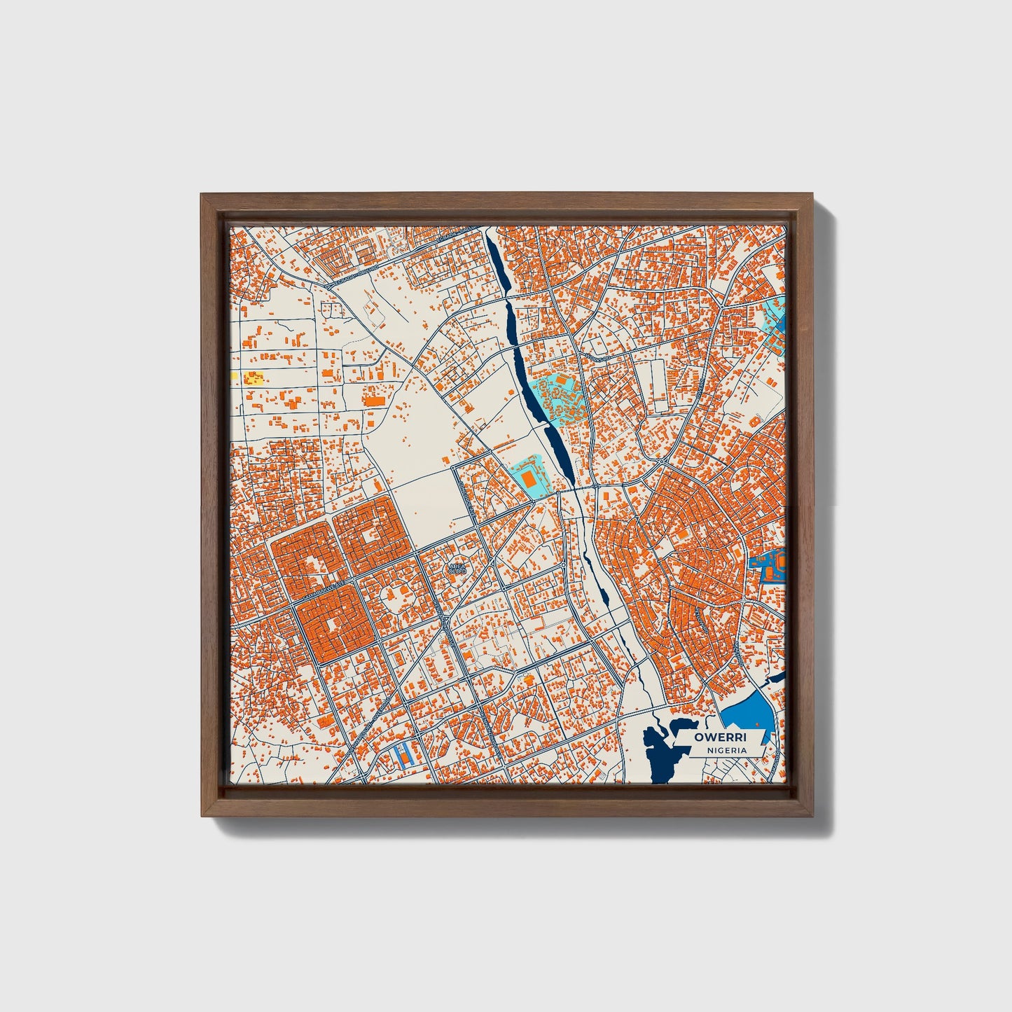 Owerri Nigeria Colorful City Map Canvas Print • Dark Wooden Framed