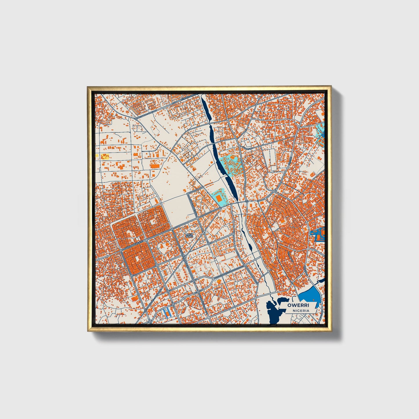 Owerri Nigeria Colorful City Map Canvas Print • Gold Framed