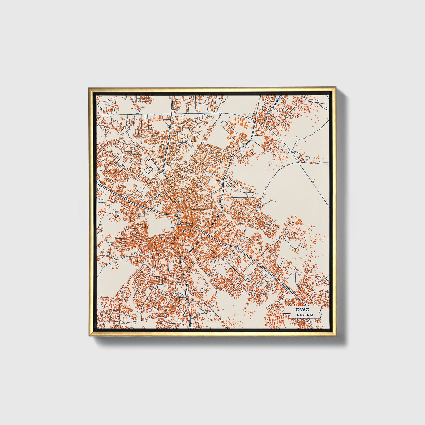 Owo Nigeria Colorful City Map Canvas Print • Gold Framed