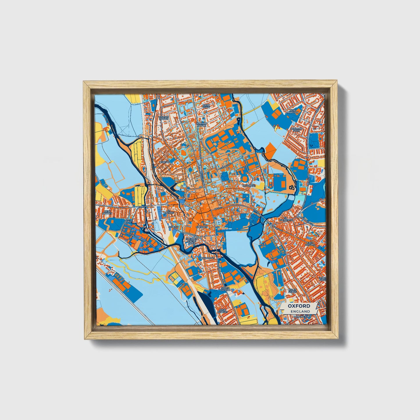 Oxford England Colorful City Map Canvas Print • Natural Wooden Framed