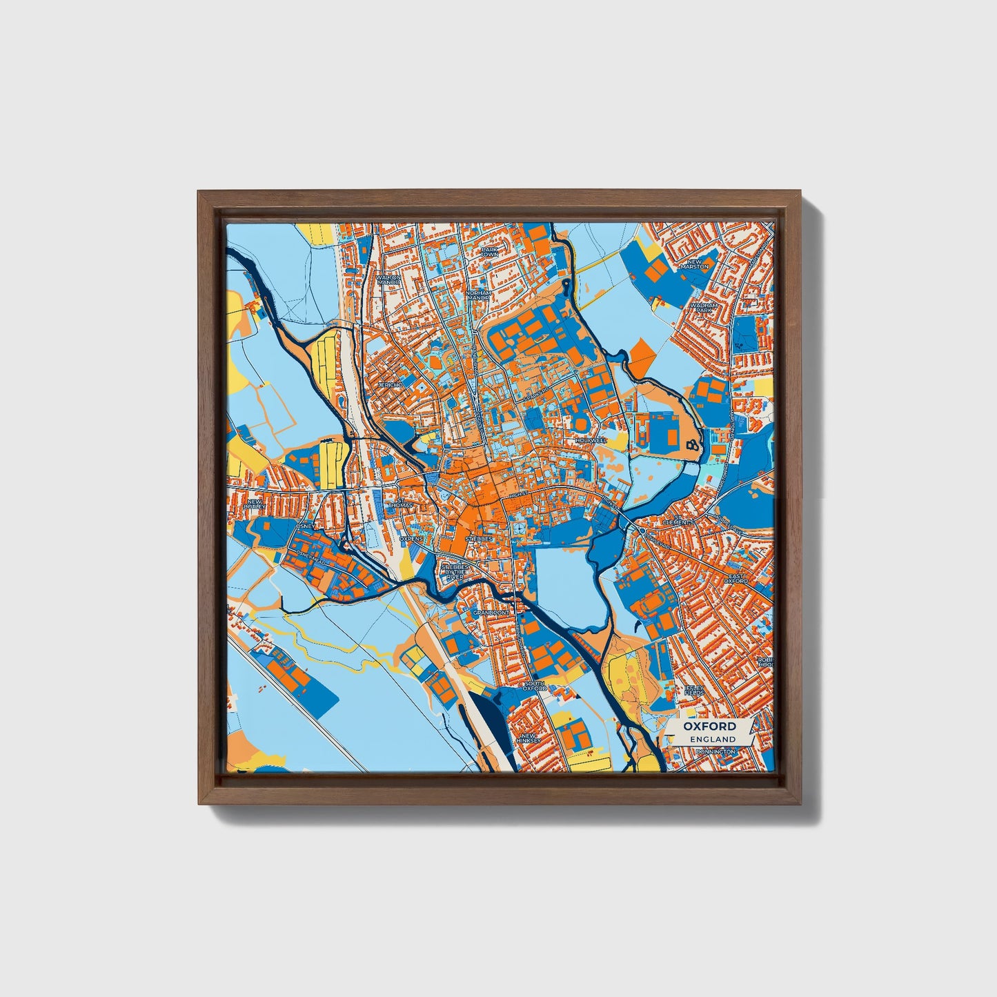 Oxford England Colorful City Map Canvas Print • Dark Wooden Framed