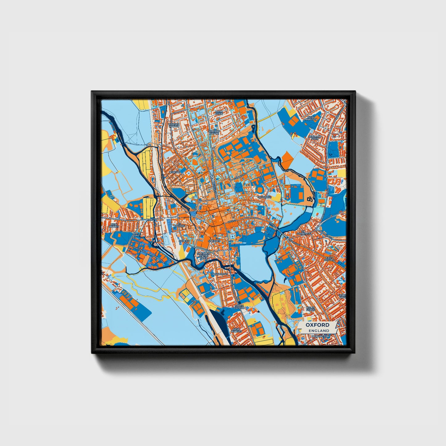 Oxford England Colorful City Map Canvas Print • Black Framed