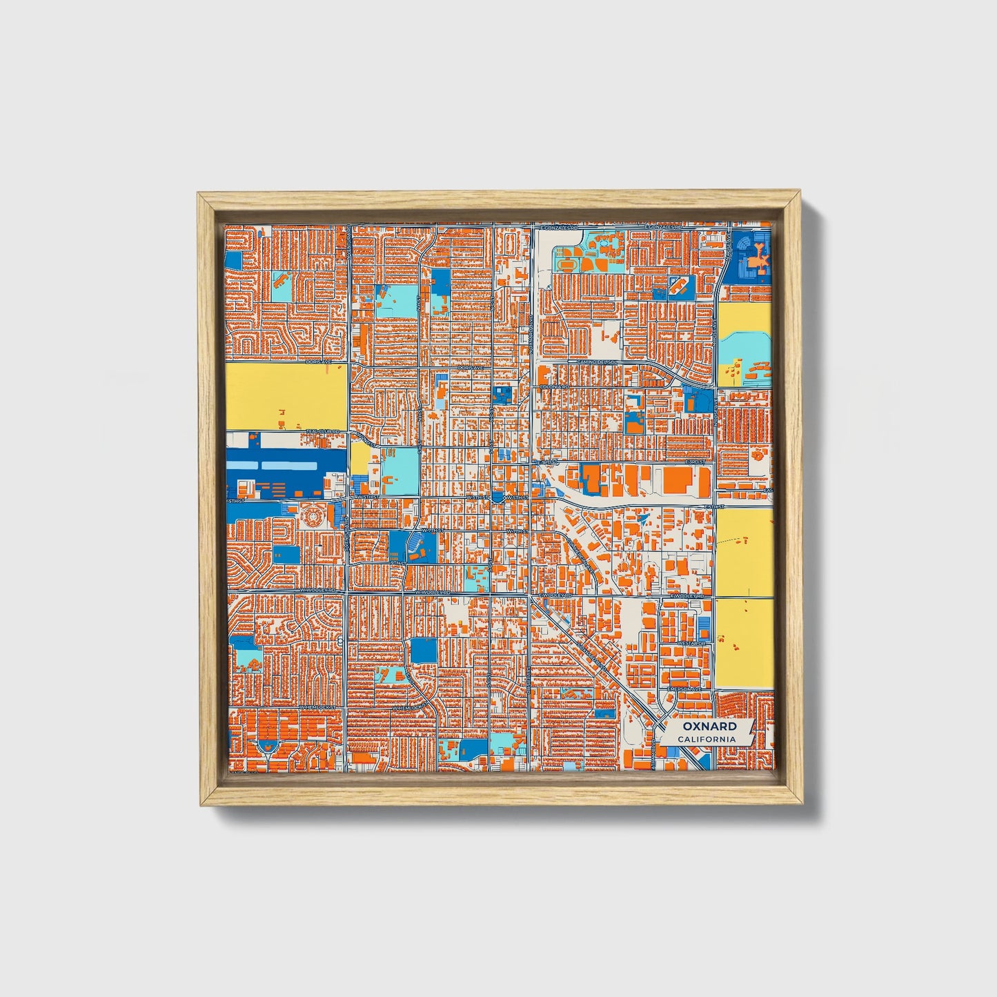 Oxnard California Colorful City Map Canvas Print • Natural Wooden Framed