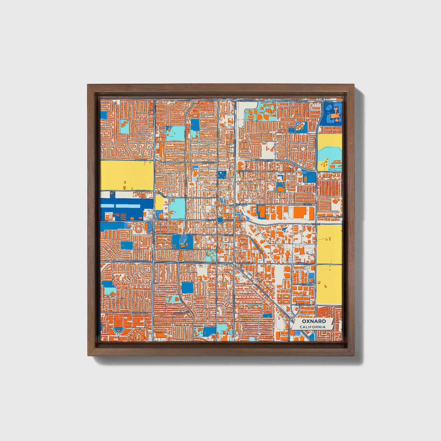 Oxnard California Colorful City Map Canvas Print • Dark Wooden Framed