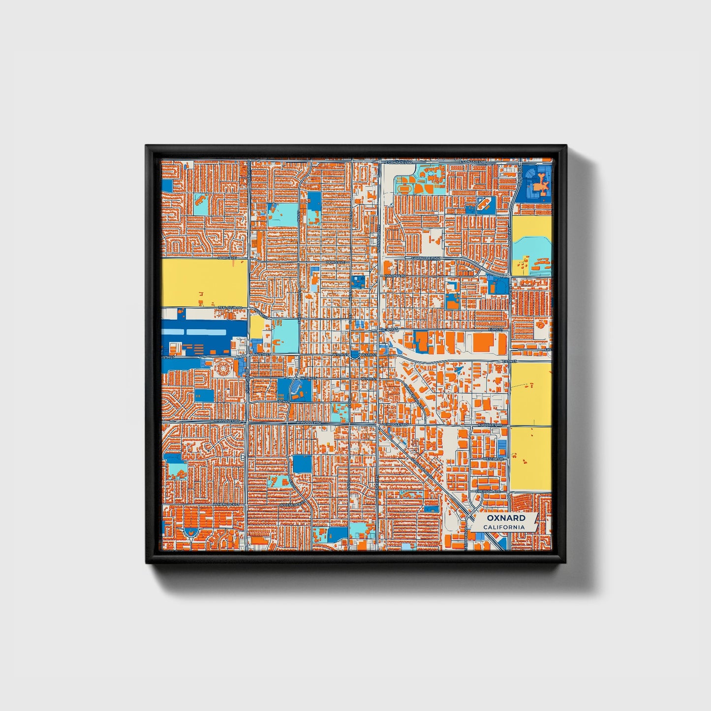 Oxnard California Colorful City Map Canvas Print • Black Framed
