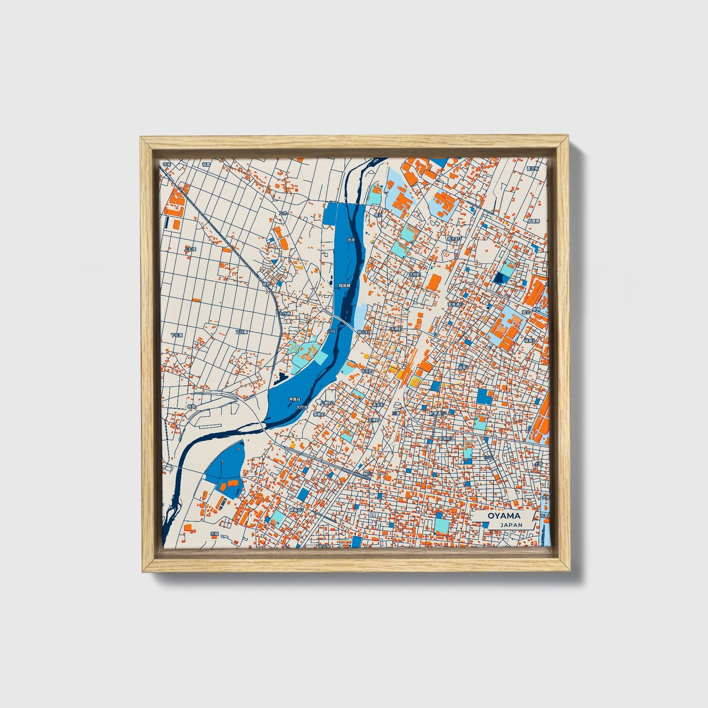 Oyama Japan Colorful City Map Canvas Print • Natural Wooden Framed