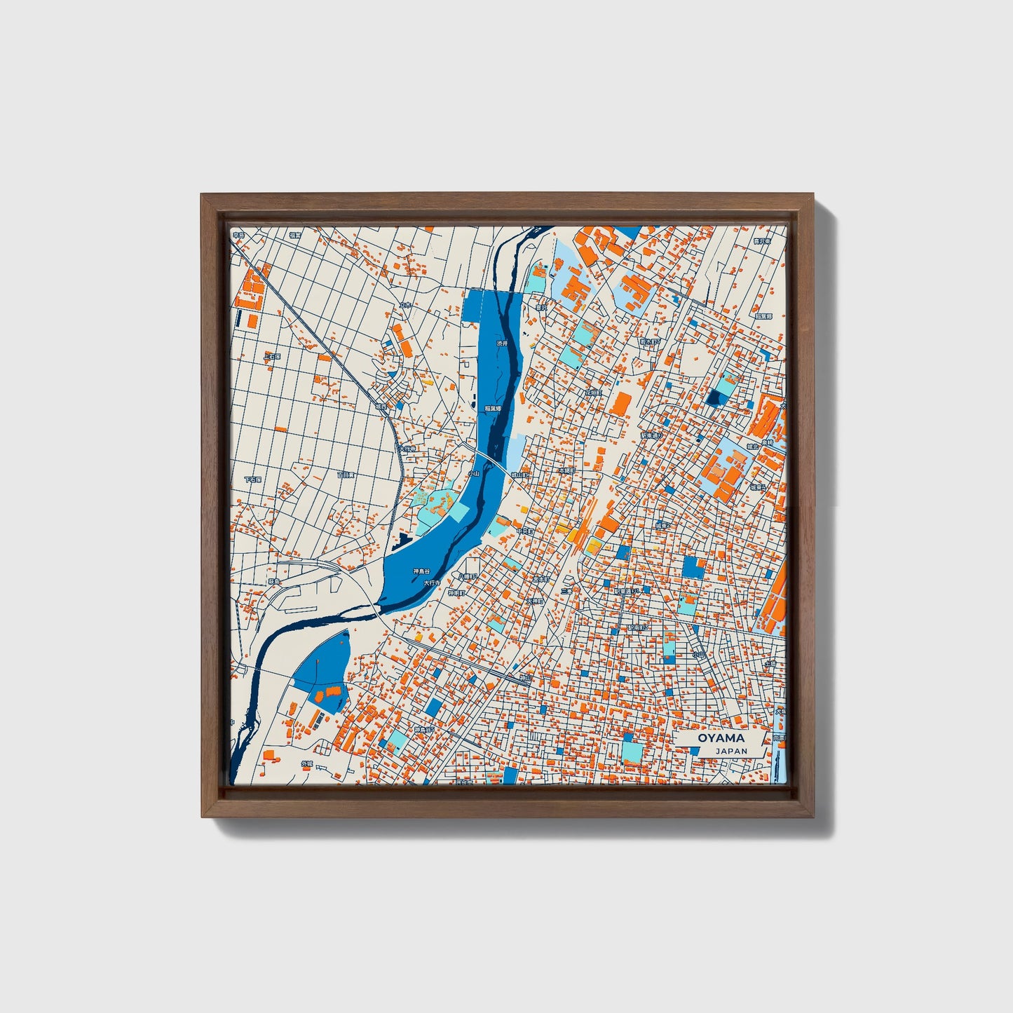 Oyama Japan Colorful City Map Canvas Print • Dark Wooden Framed