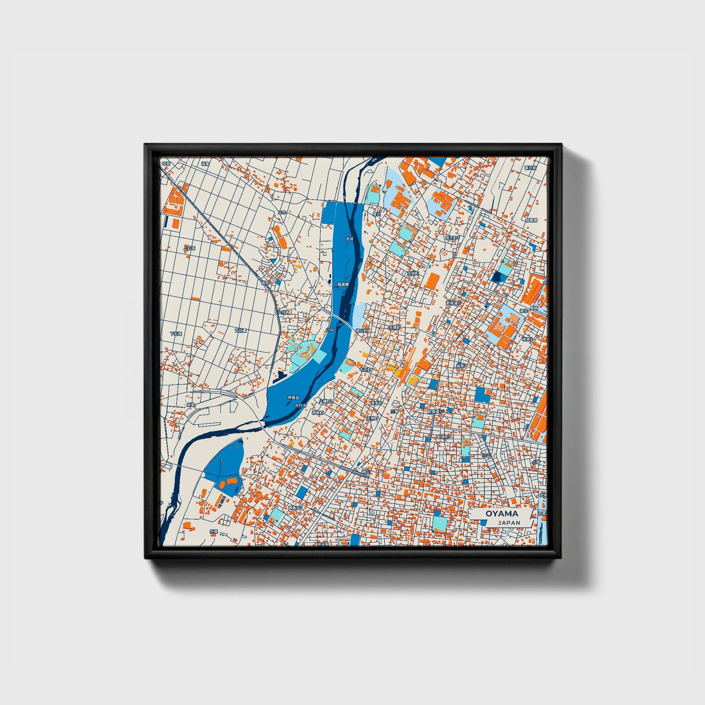Oyama Japan Colorful City Map Canvas Print • Black Framed