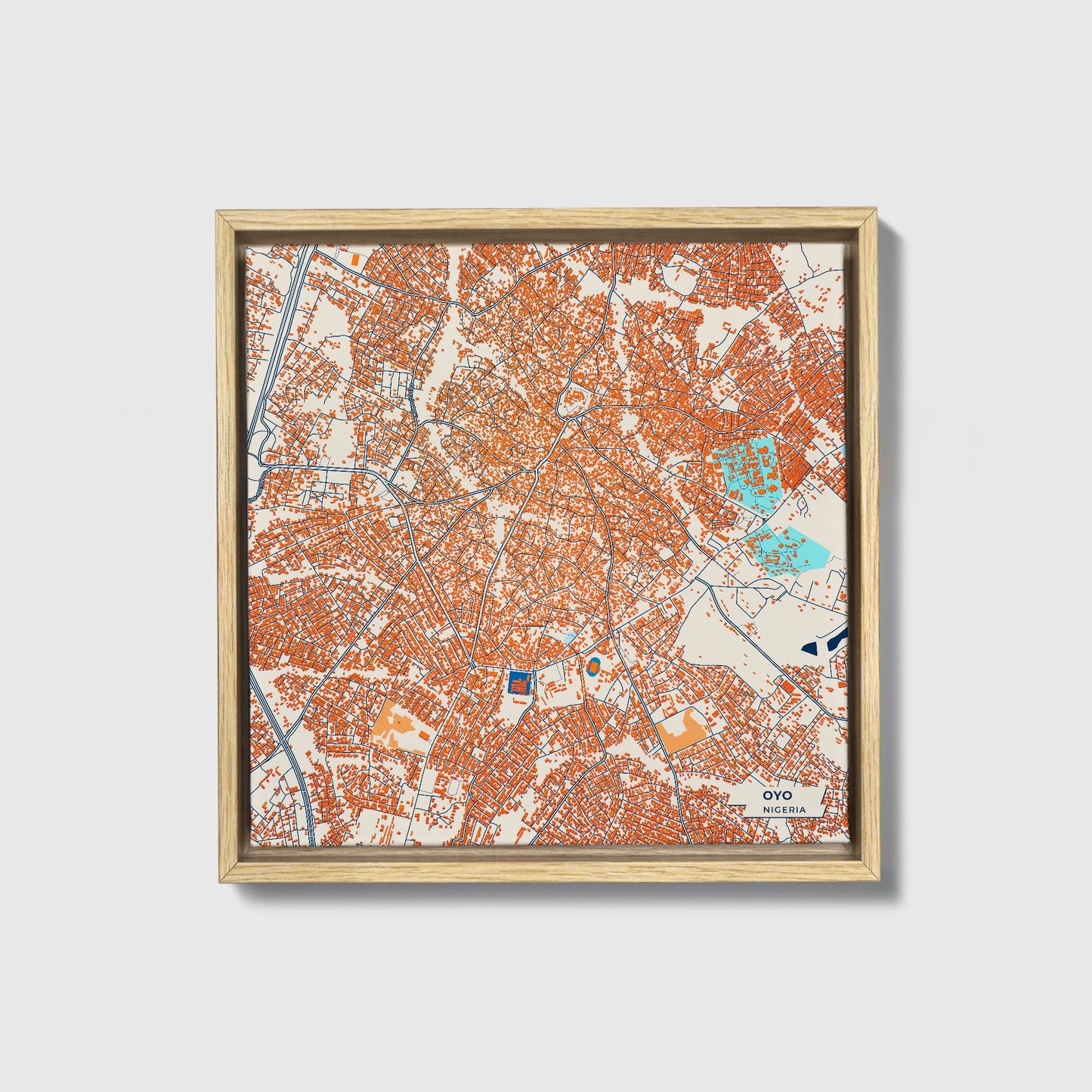 Oyo Nigeria Colorful City Map Canvas Print • Natural Wooden Framed