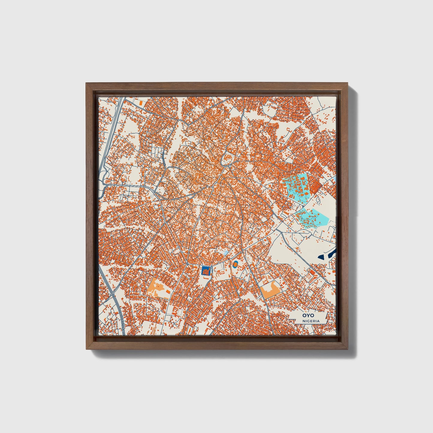 Oyo Nigeria Colorful City Map Canvas Print • Dark Wooden Framed