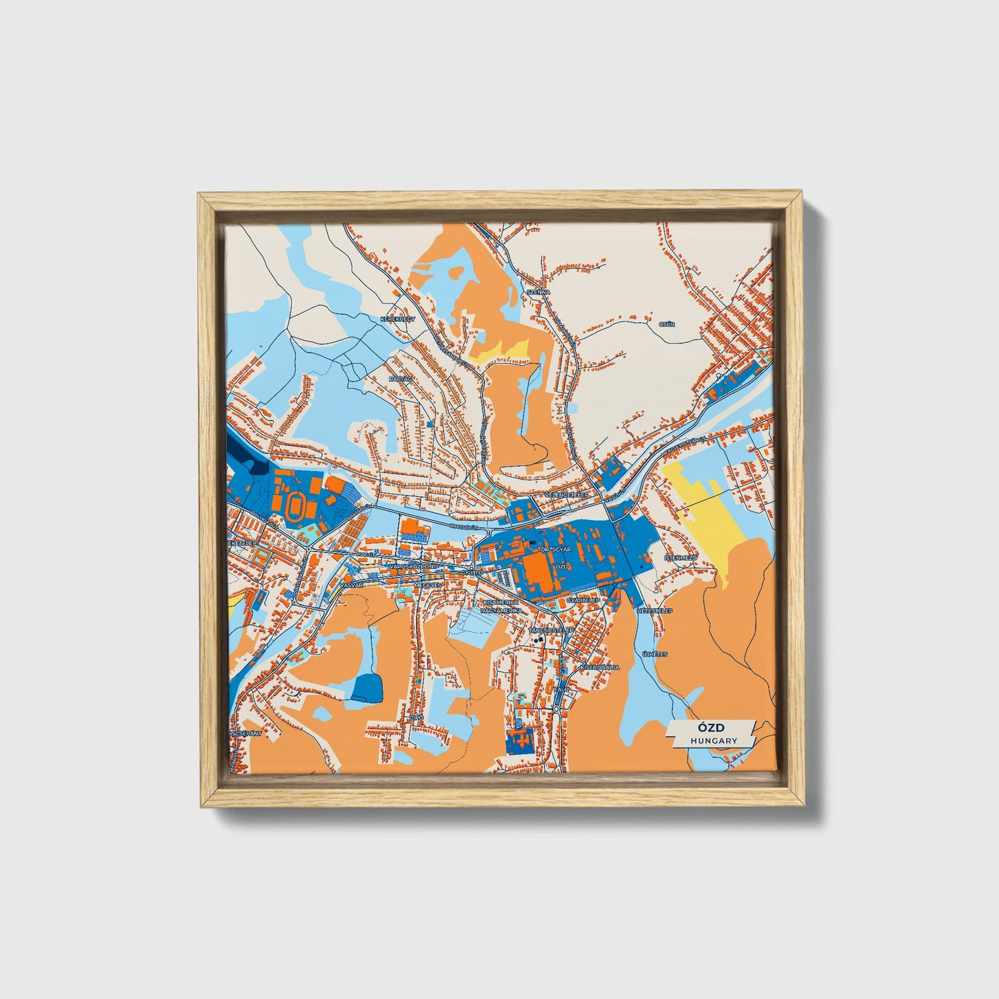 Ózd Hungary Colorful City Map Canvas Print • Natural Wooden Framed