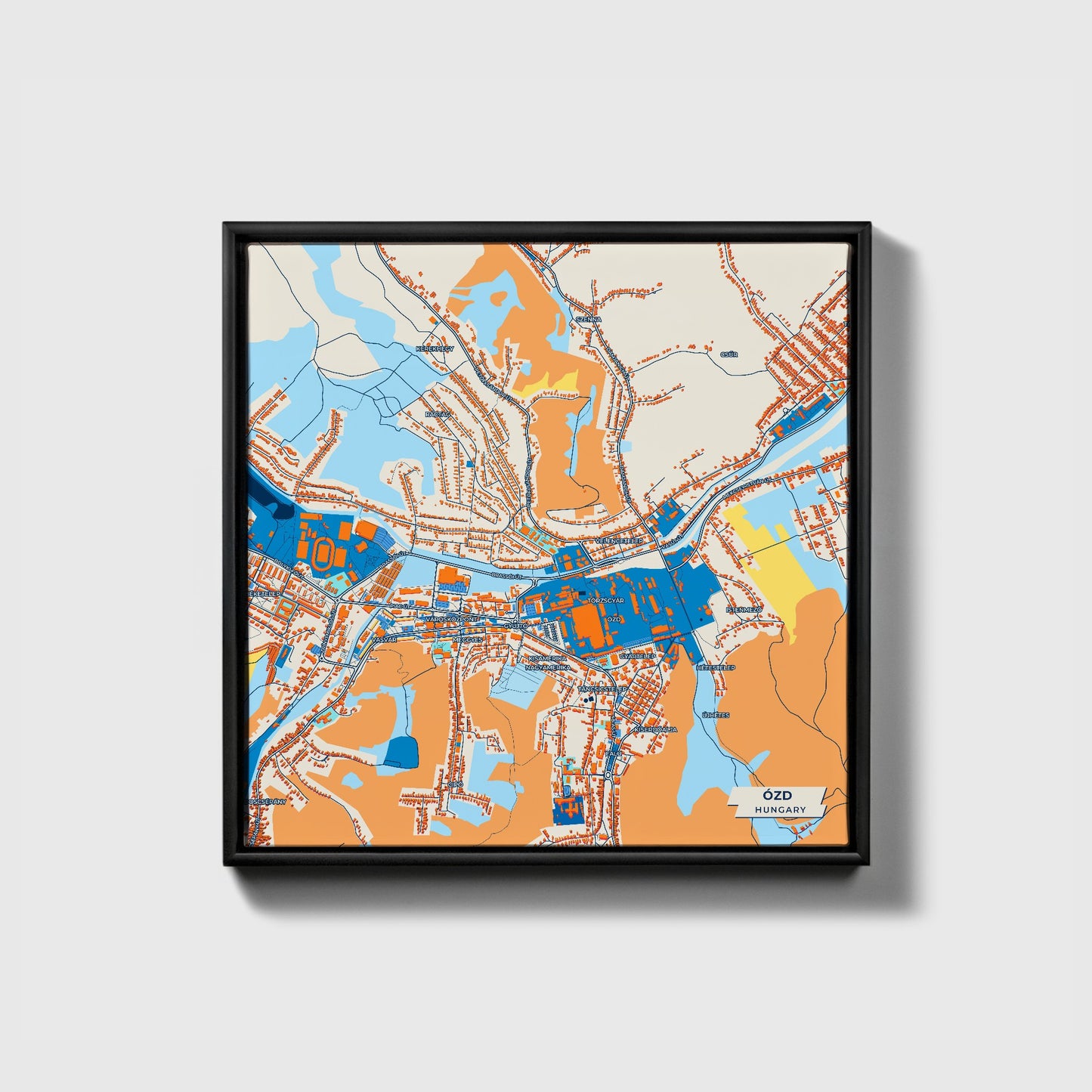 Ózd Hungary Colorful City Map Canvas Print • Black Framed