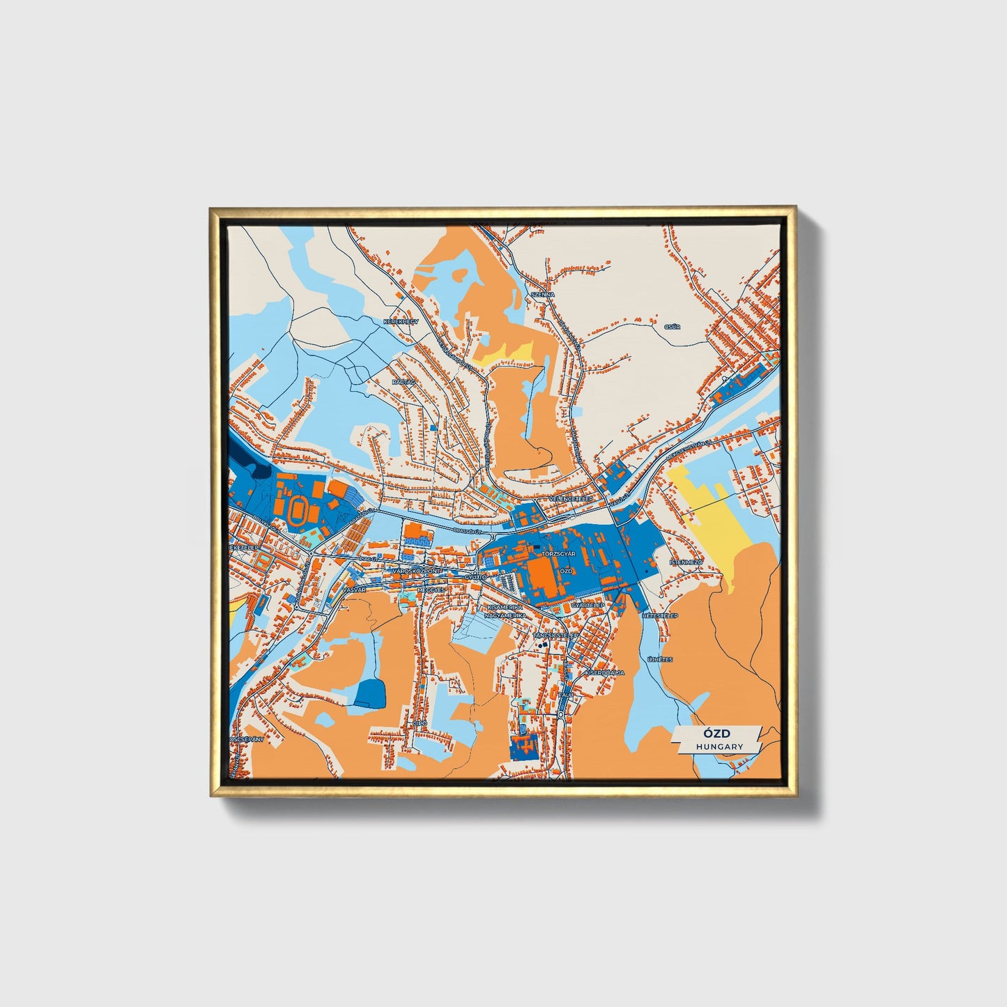 Ózd Hungary Colorful City Map Canvas Print • Gold Framed