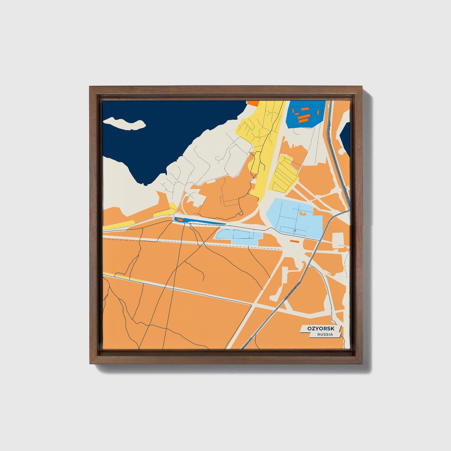 Озерск Russia Colorful City Map Canvas Print • Dark Wooden Framed