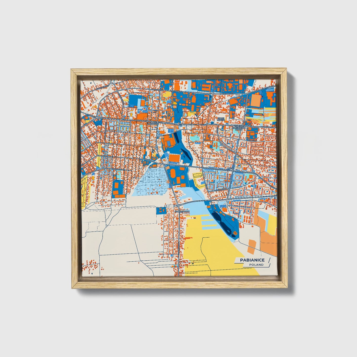 Pabianice Poland Colorful City Map Canvas Print • Natural Wooden Framed