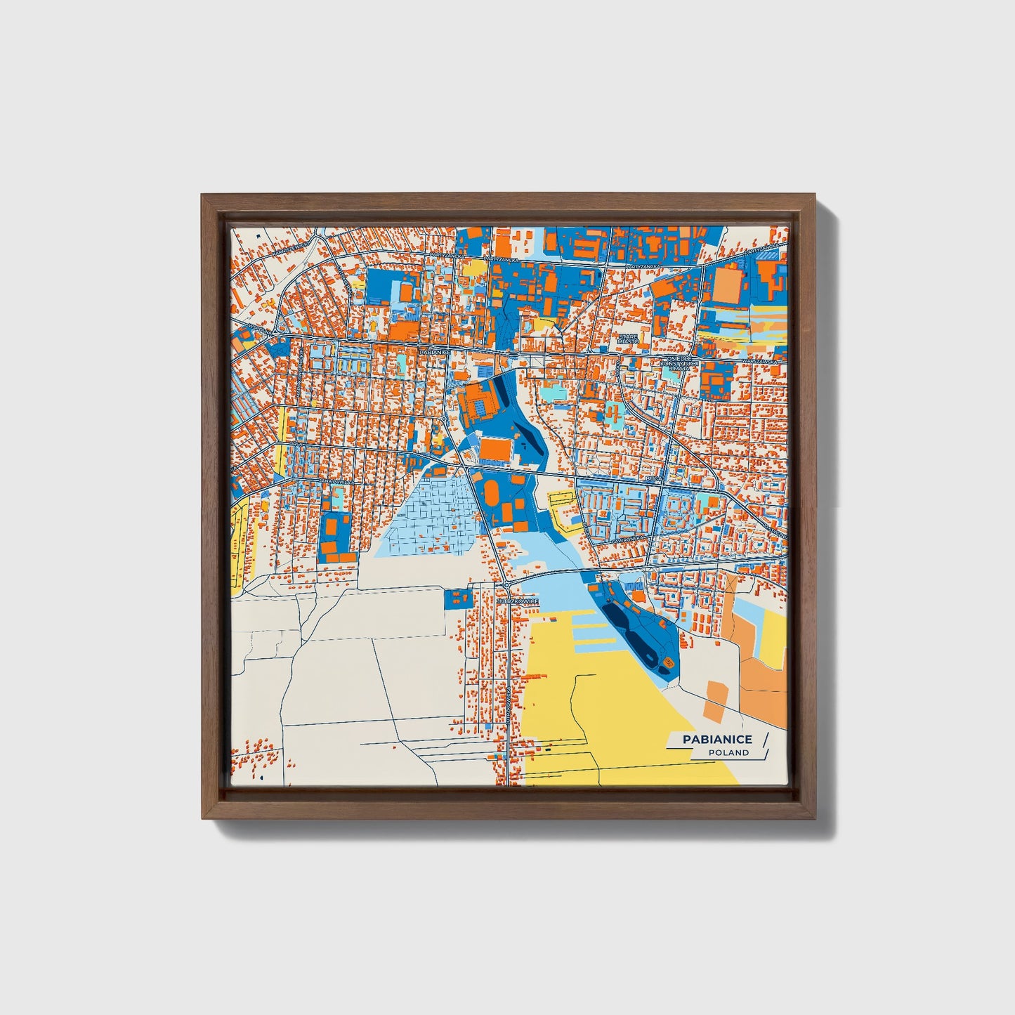 Pabianice Poland Colorful City Map Canvas Print • Dark Wooden Framed