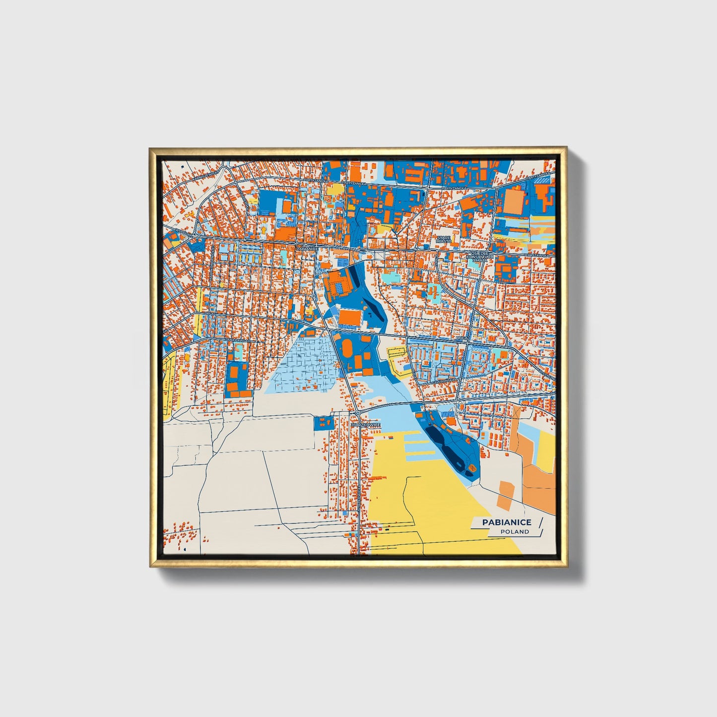 Pabianice Poland Colorful City Map Canvas Print • Gold Framed