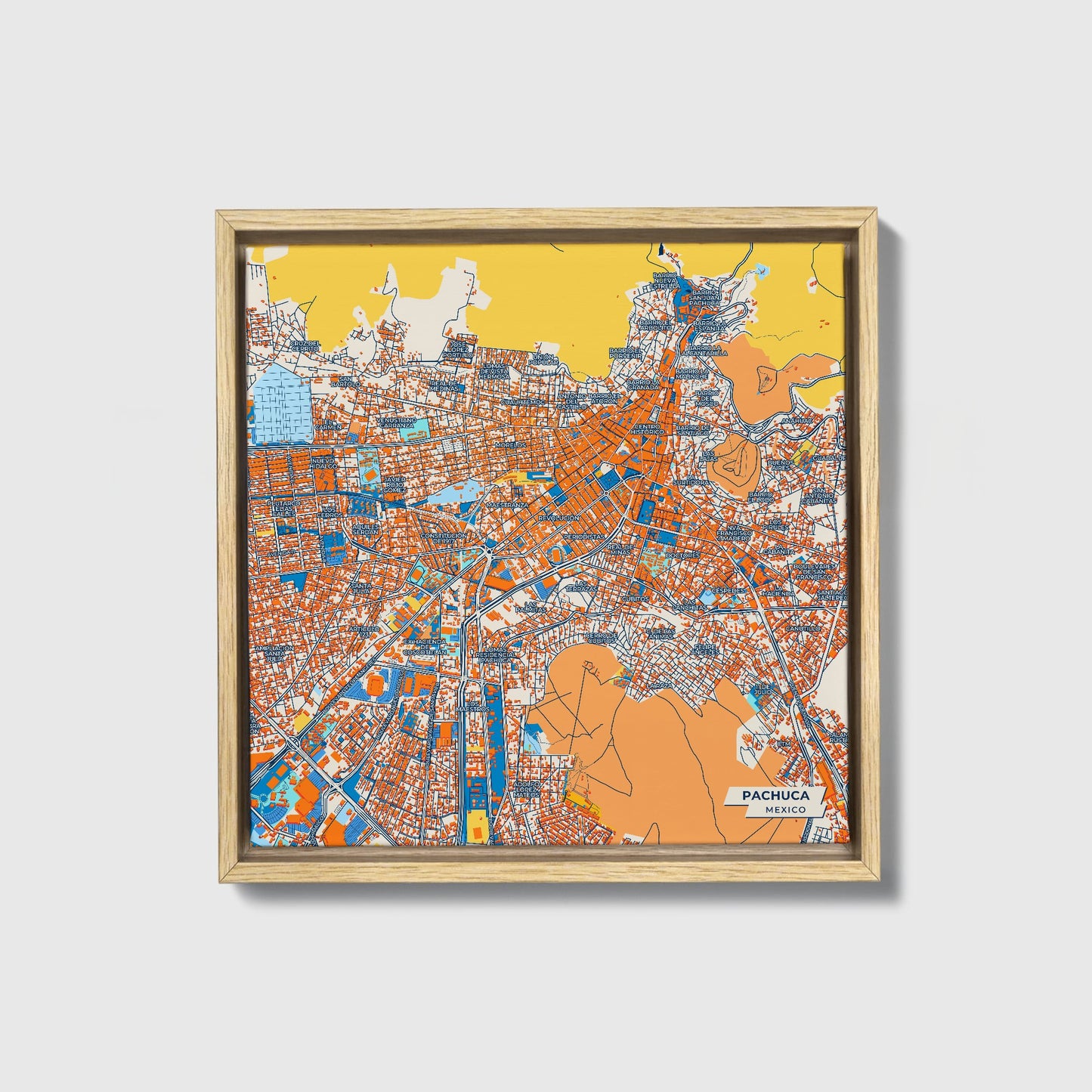 Pachuca Mexico Colorful City Map Canvas Print • Natural Wooden Framed