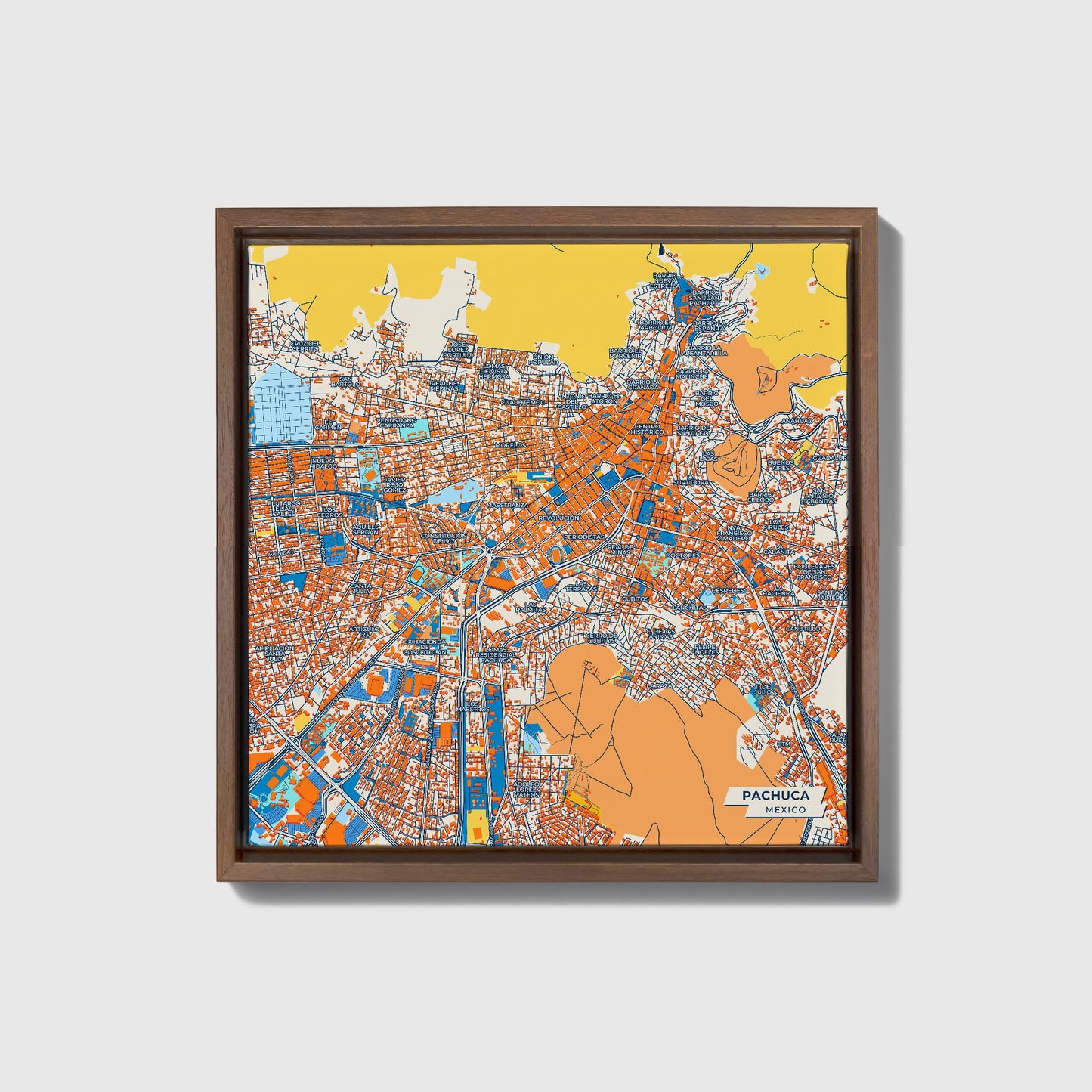 Pachuca Mexico Colorful City Map Canvas Print • Dark Wooden Framed