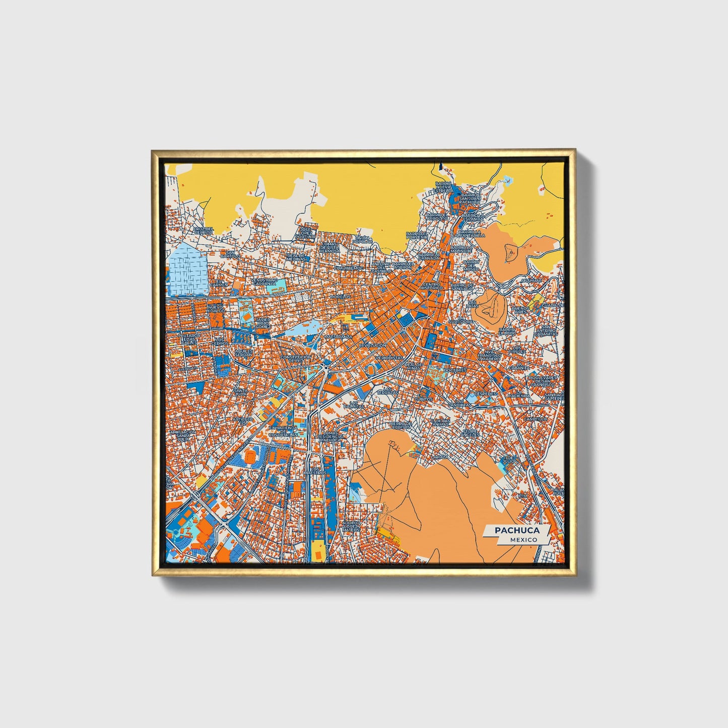 Pachuca Mexico Colorful City Map Canvas Print • Gold Framed