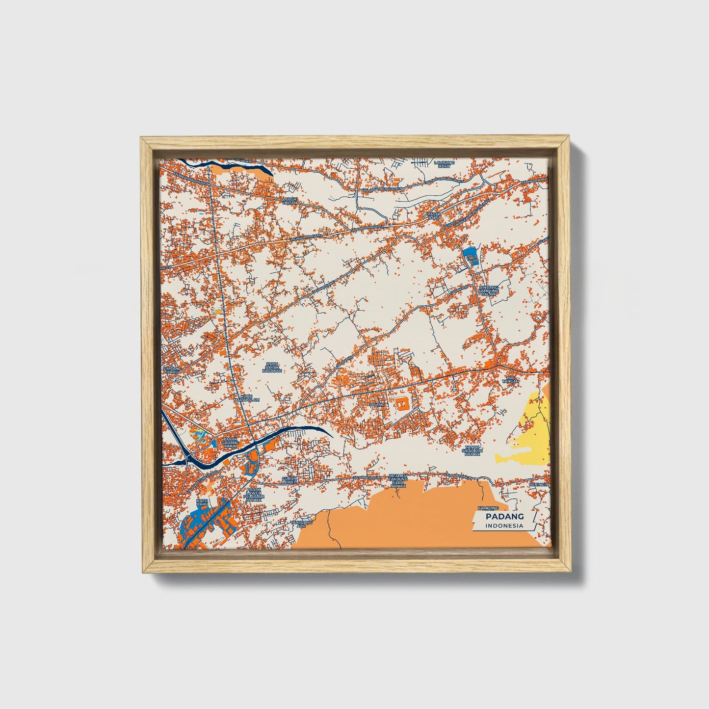 Padang Indonesia Colorful City Map Canvas Print • Natural Wooden Framed