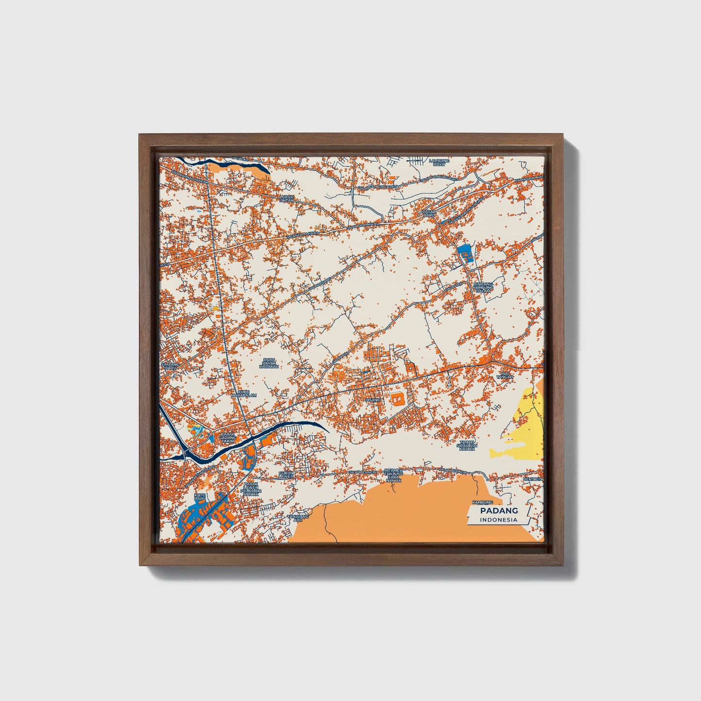Padang Indonesia Colorful City Map Canvas Print • Dark Wooden Framed