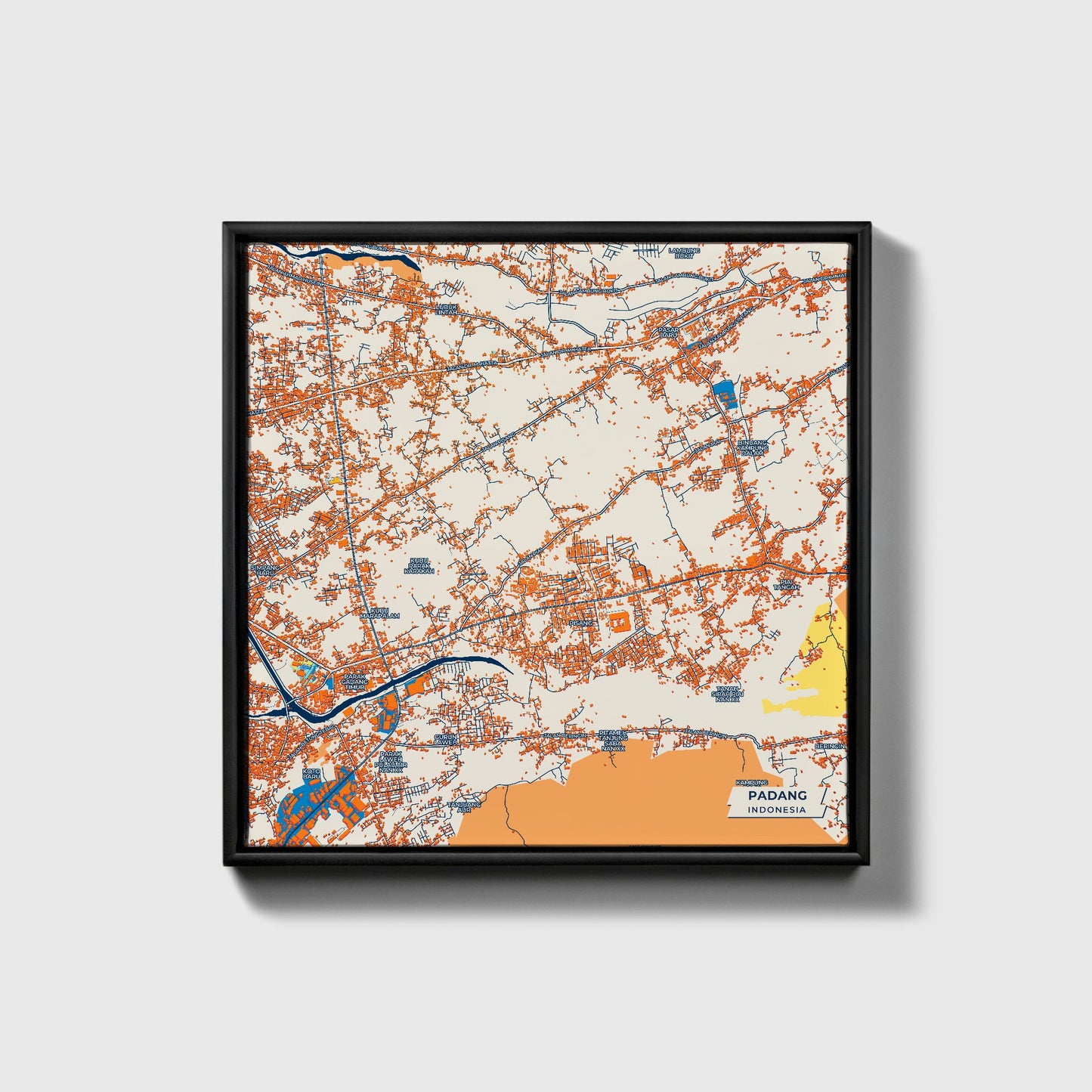 Padang Indonesia Colorful City Map Canvas Print • Black Framed
