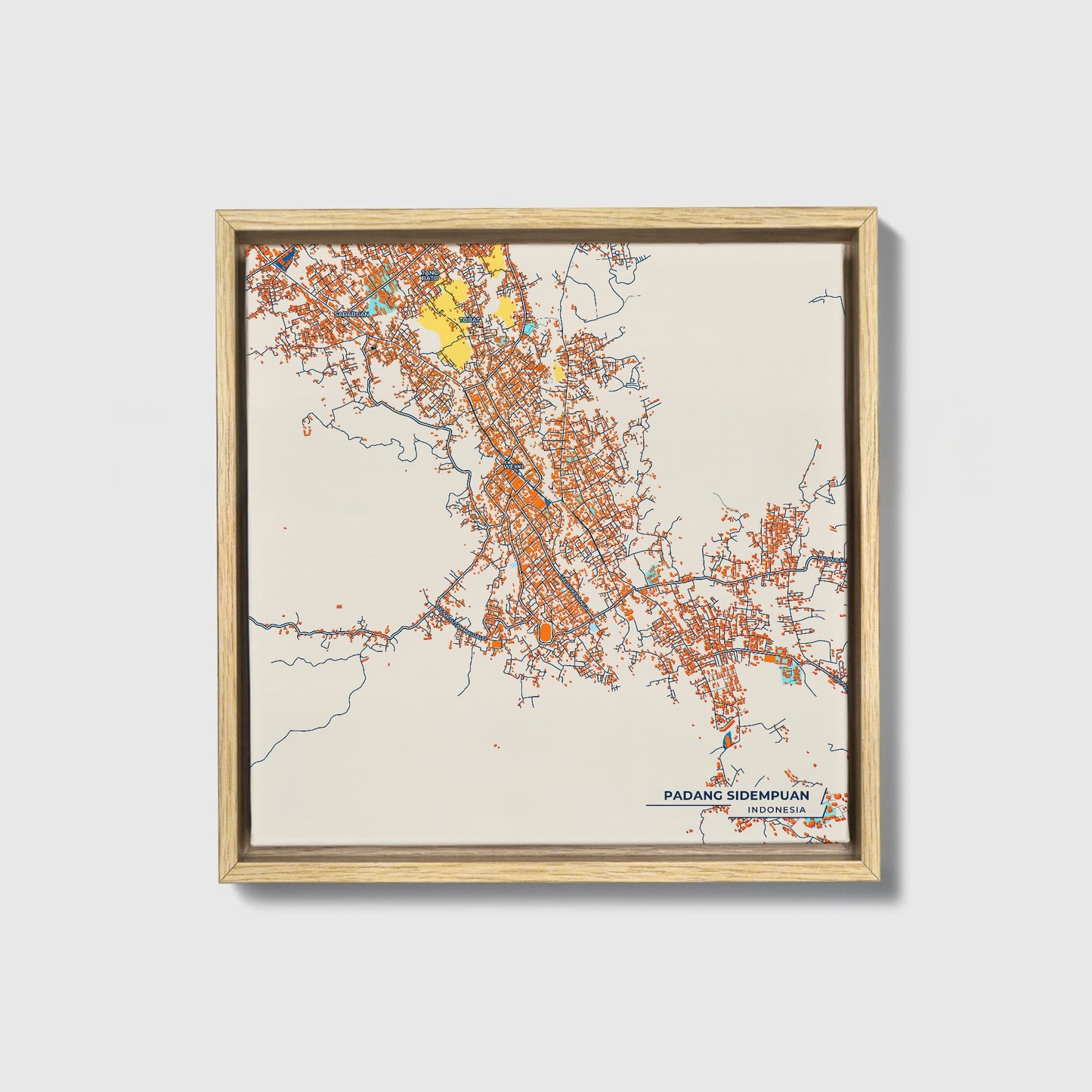 Padang Sidempuan Indonesia Colorful City Map Canvas Print • Natural Wooden Framed