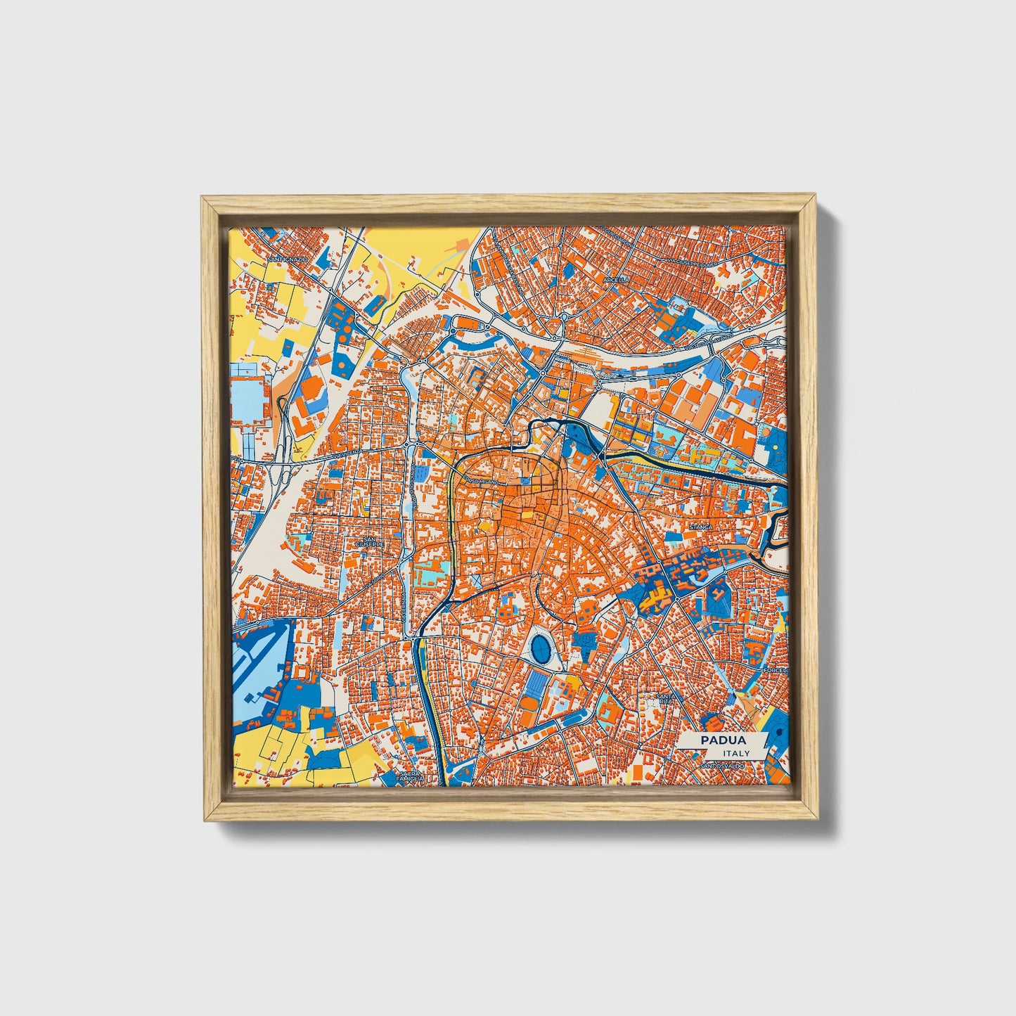 Padova  Italy Colorful City Map Canvas Print • Natural Wooden Framed
