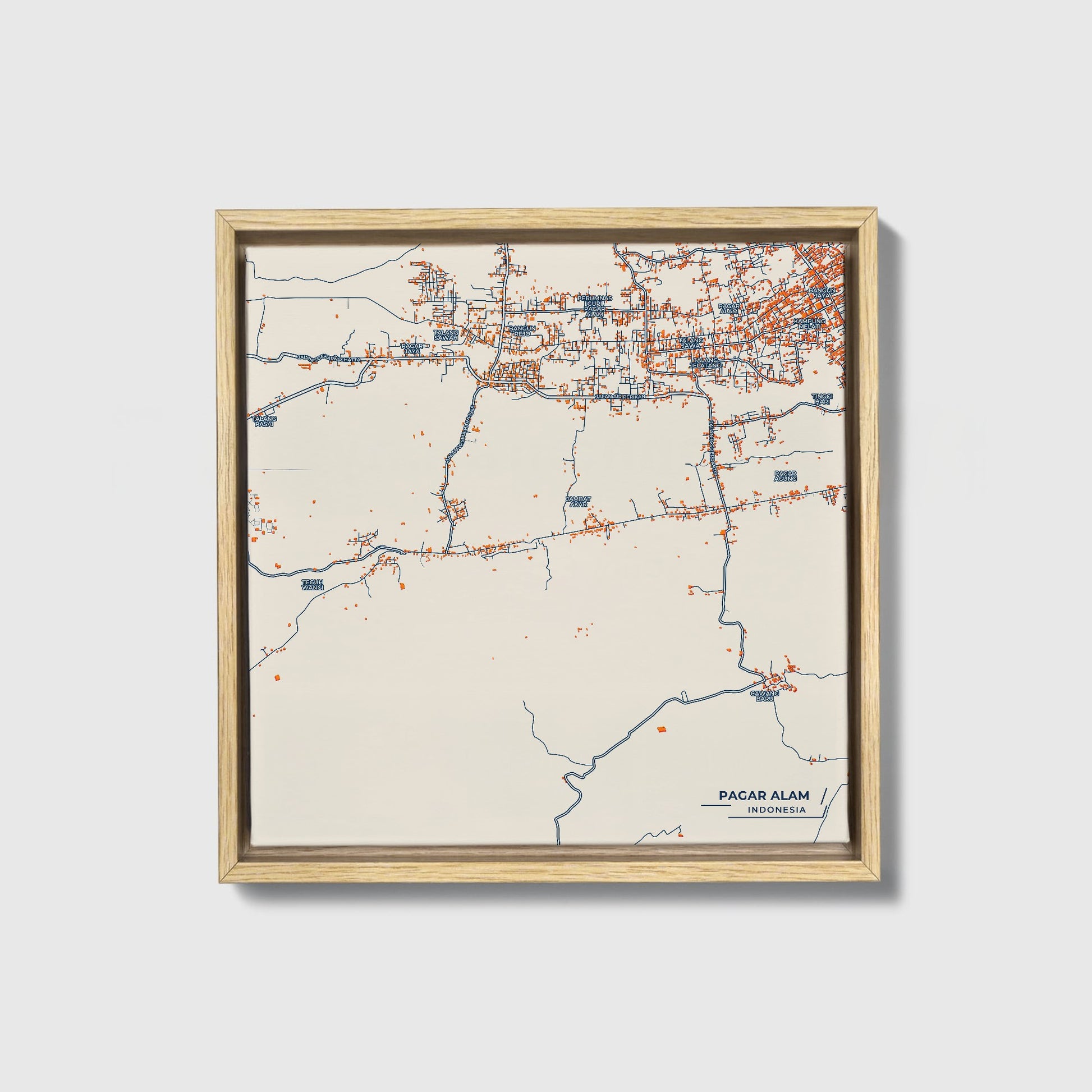 Pagar Alam Indonesia Colorful City Map Canvas Print • Natural Wooden Framed