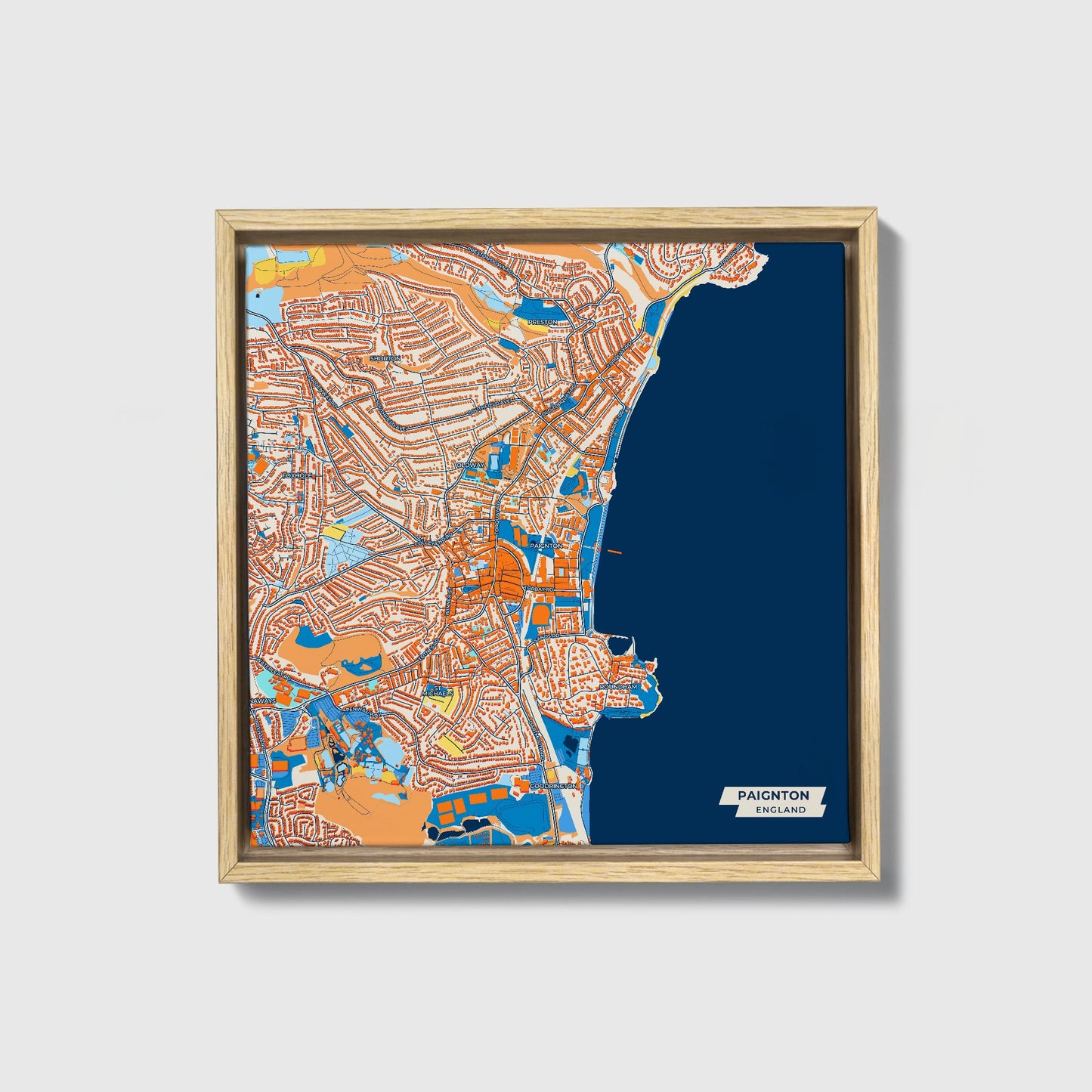 Paignton England Colorful City Map Canvas Print • Natural Wooden Framed