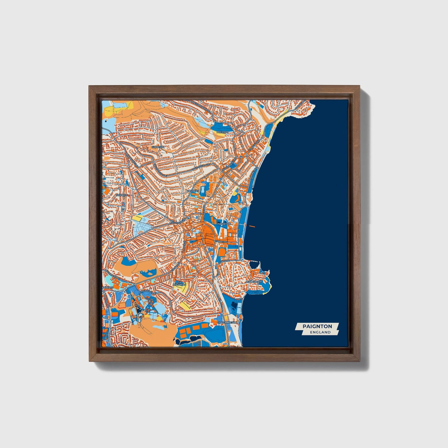 Paignton England Colorful City Map Canvas Print • Dark Wooden Framed