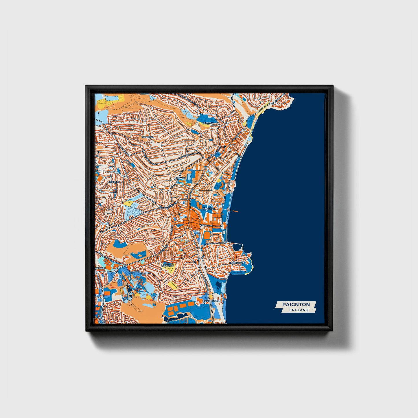 Paignton England Colorful City Map Canvas Print • Black Framed