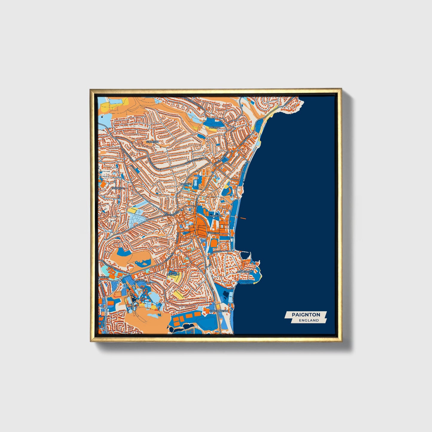 Paignton England Colorful City Map Canvas Print • Gold Framed