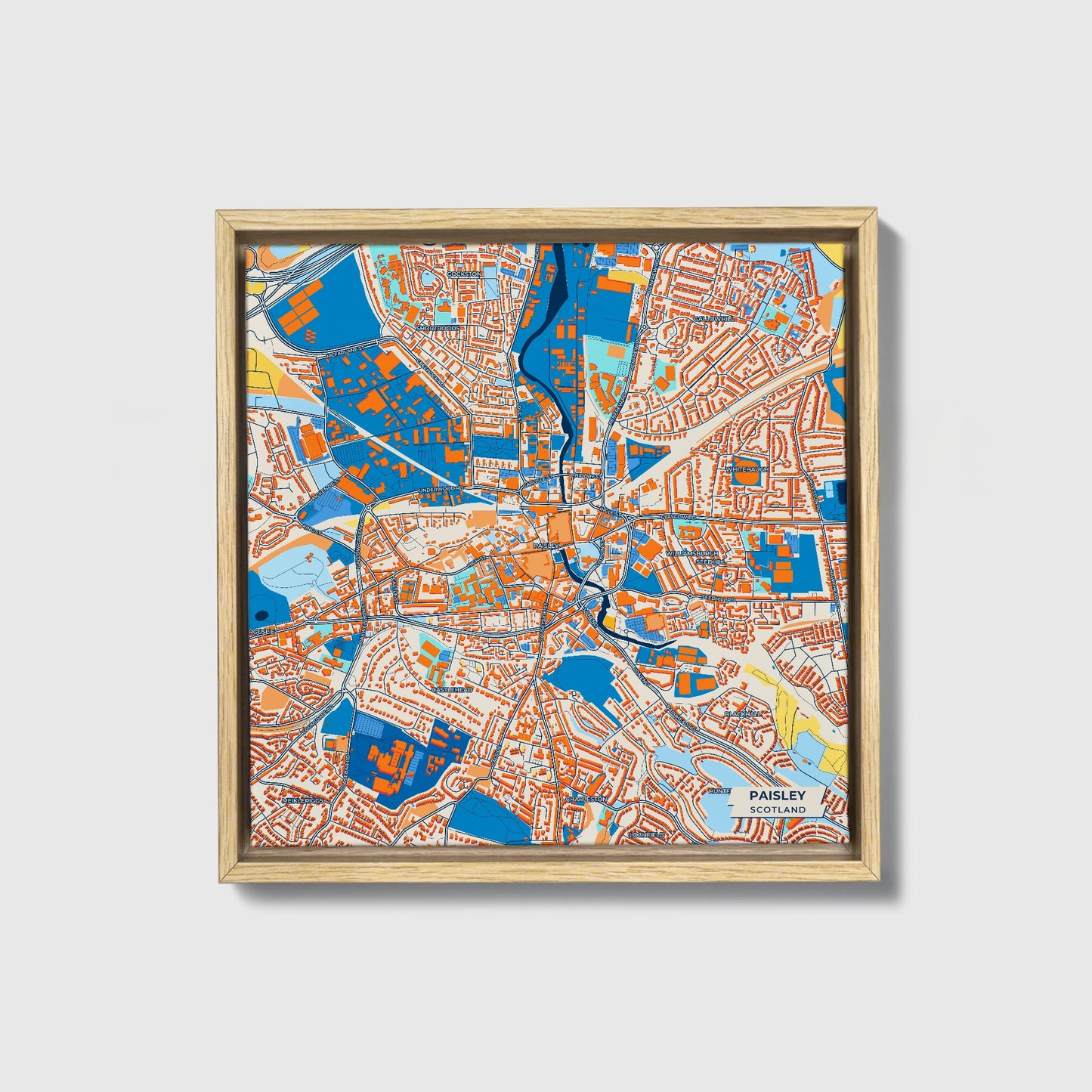 Paisley Scotland Colorful City Map Canvas Print • Natural Wooden Framed