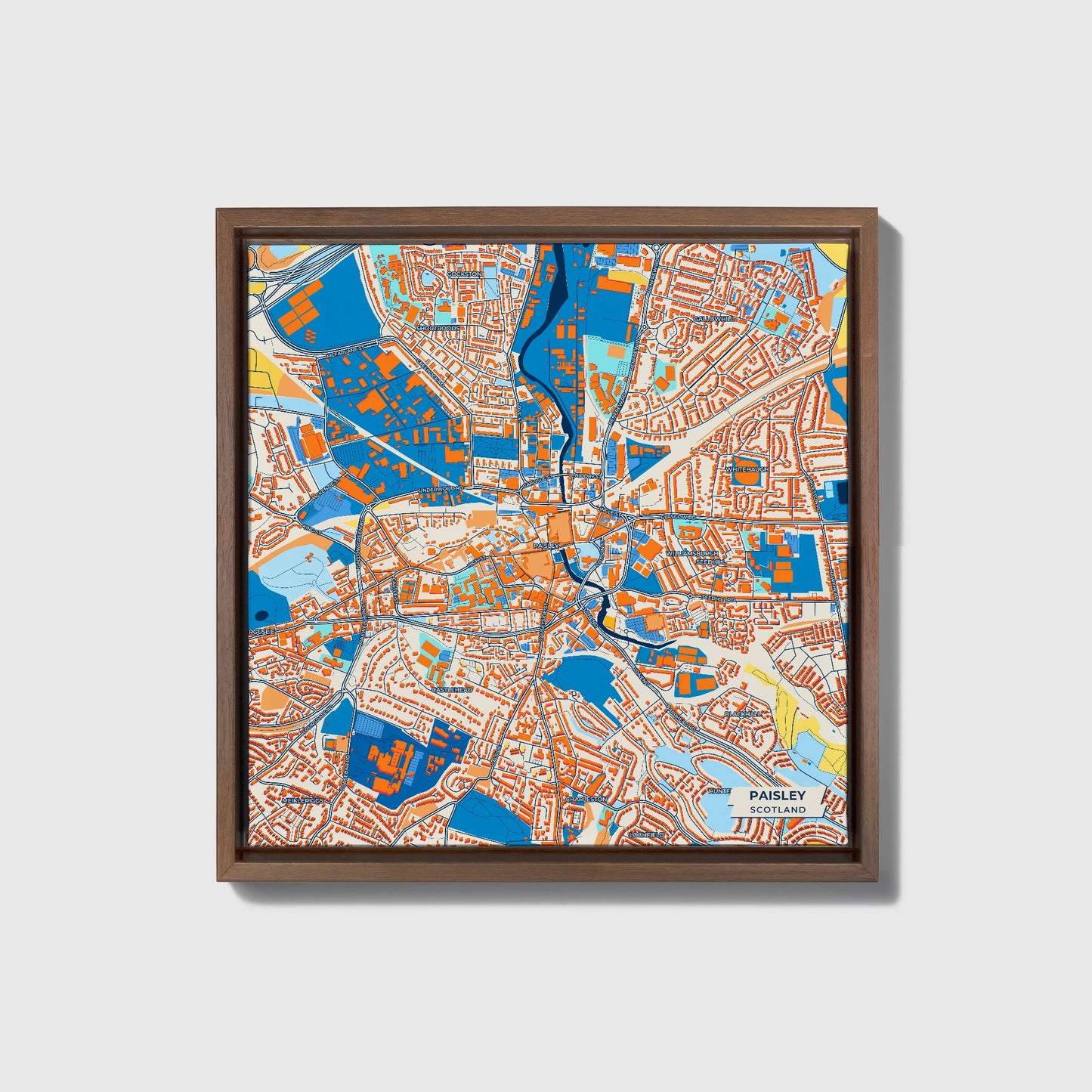 Paisley Scotland Colorful City Map Canvas Print • Dark Wooden Framed