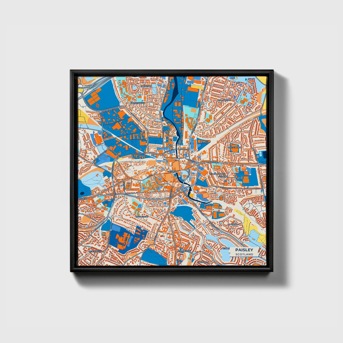 Paisley Scotland Colorful City Map Canvas Print • Black Framed