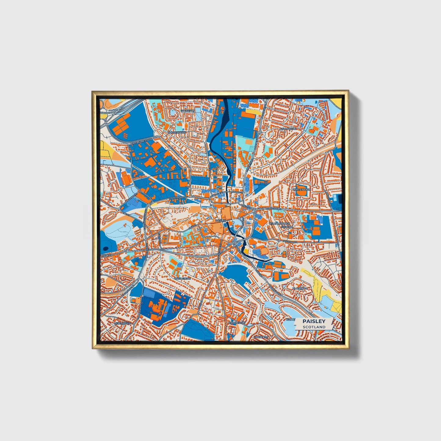 Paisley Scotland Colorful City Map Canvas Print • Gold Framed