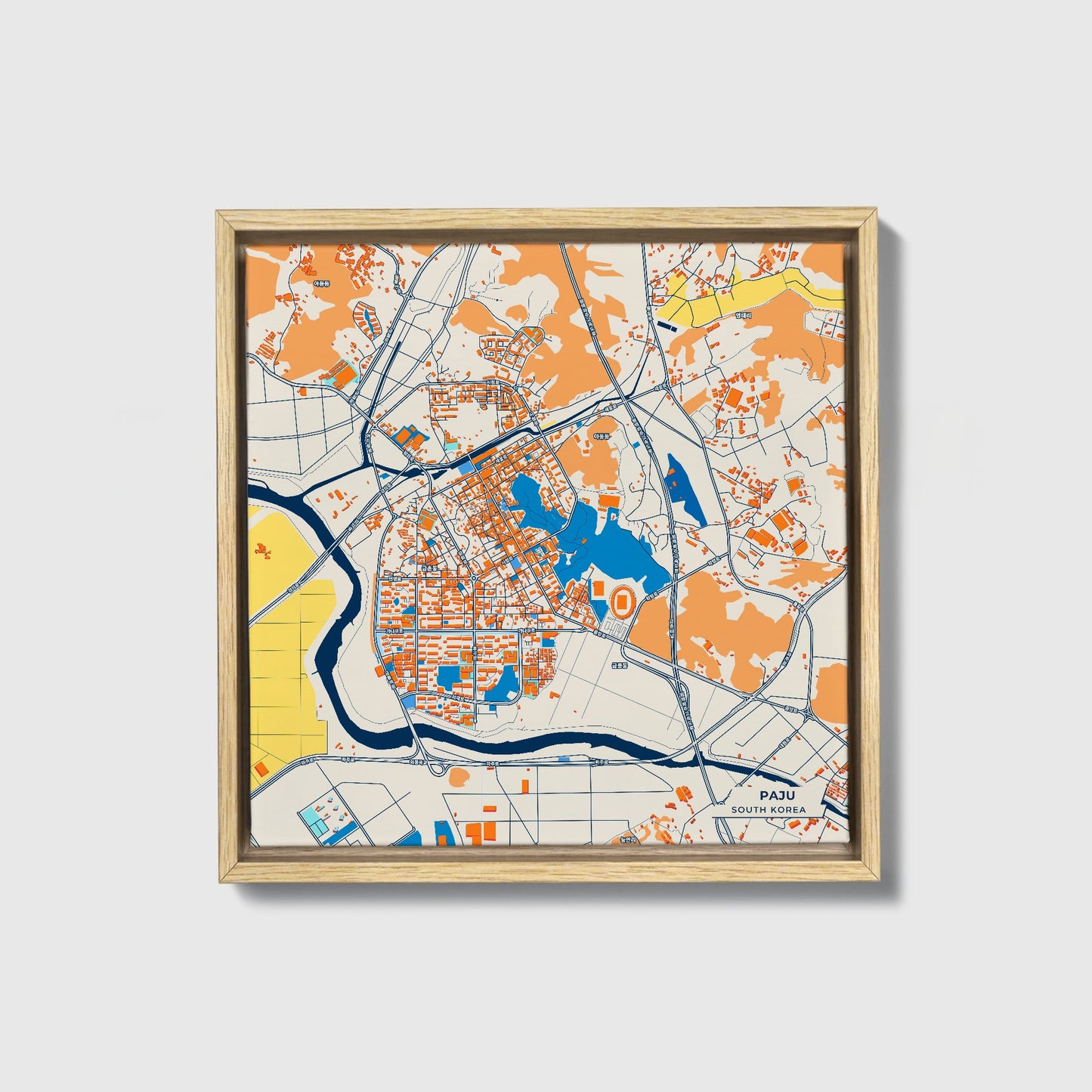 Paju South Korea Colorful City Map Canvas Print • Natural Wooden Framed