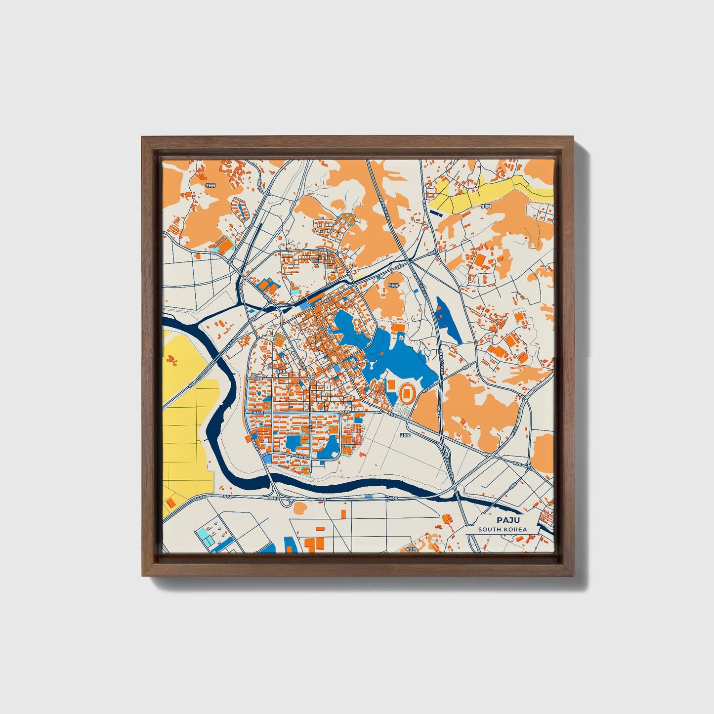 Paju South Korea Colorful City Map Canvas Print • Dark Wooden Framed