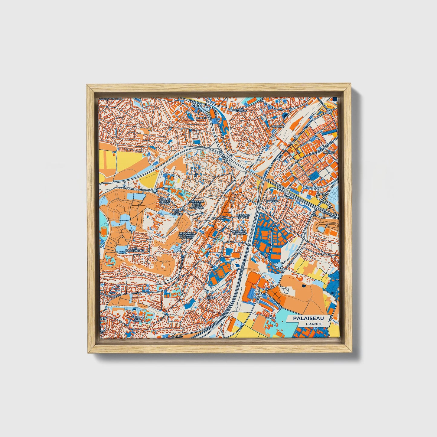 Palaiseau France Colorful City Map Canvas Print • Natural Wooden Framed