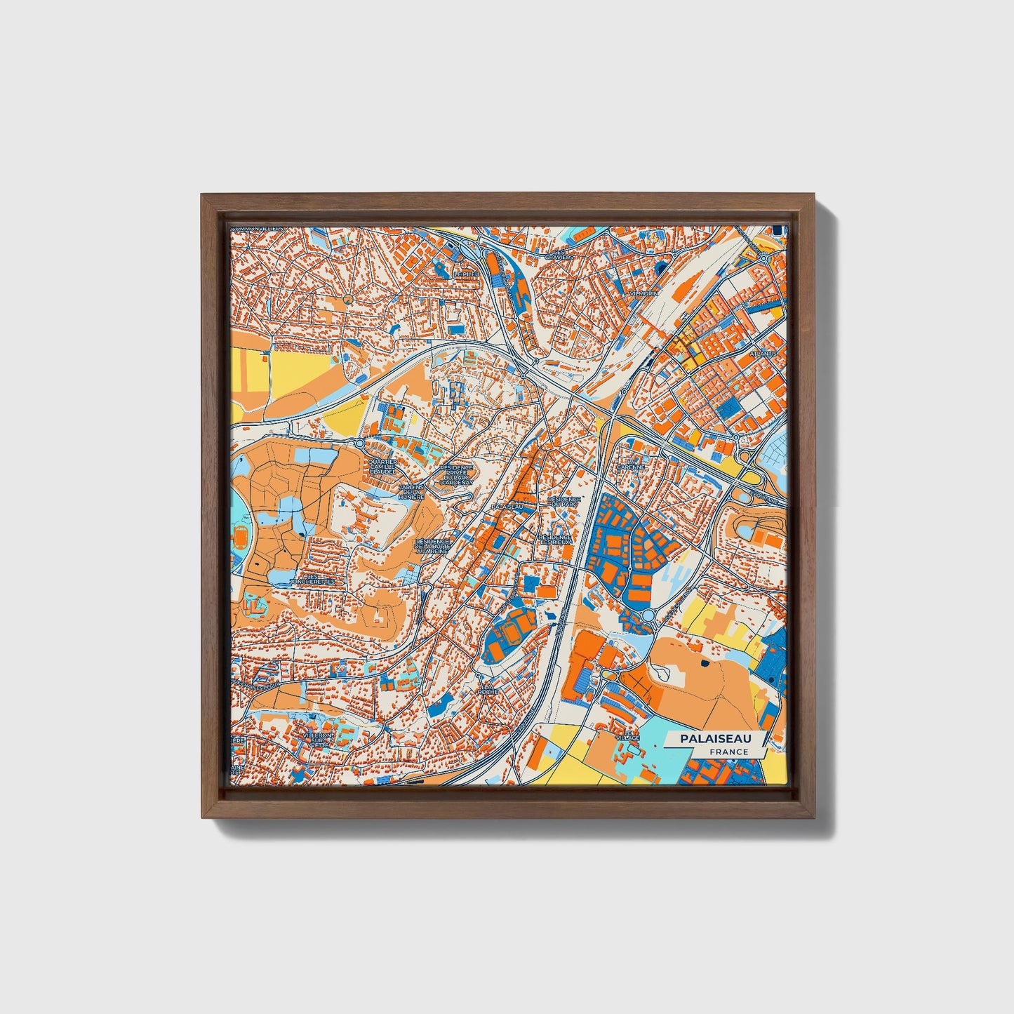 Palaiseau France Colorful City Map Canvas Print • Dark Wooden Framed