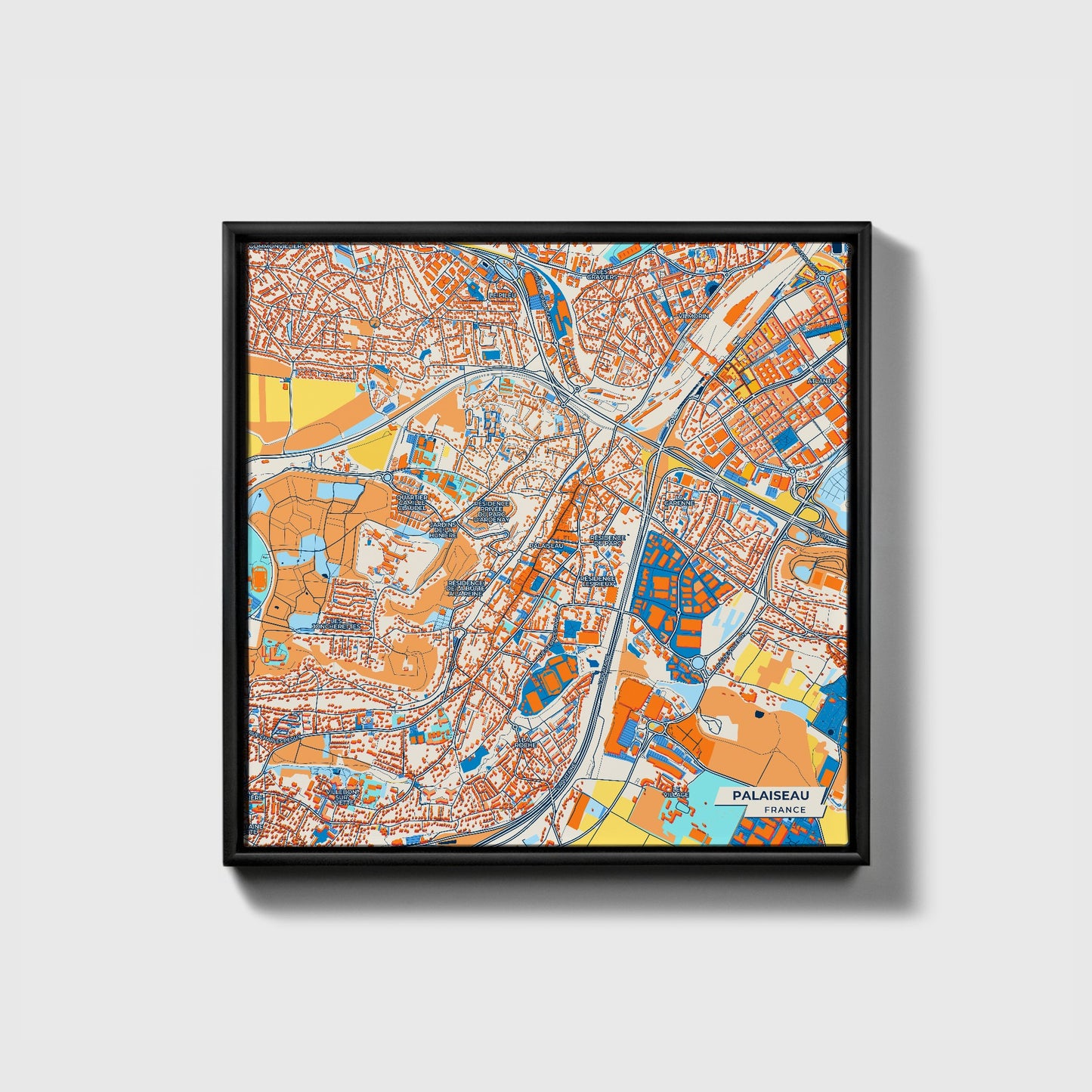 Palaiseau France Colorful City Map Canvas Print • Black Framed