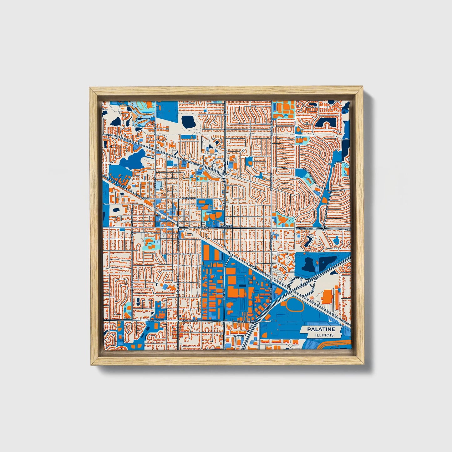 Palatine Illinois Colorful City Map Canvas Print • Natural Wooden Framed