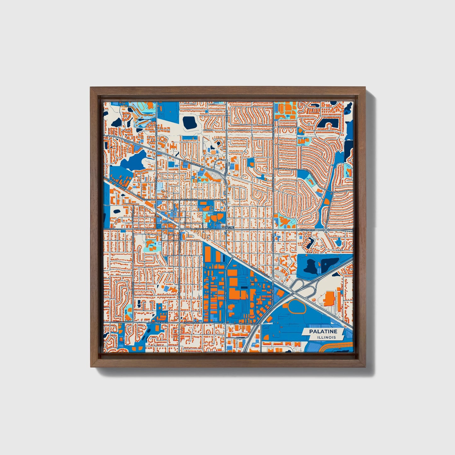 Palatine Illinois Colorful City Map Canvas Print • Dark Wooden Framed