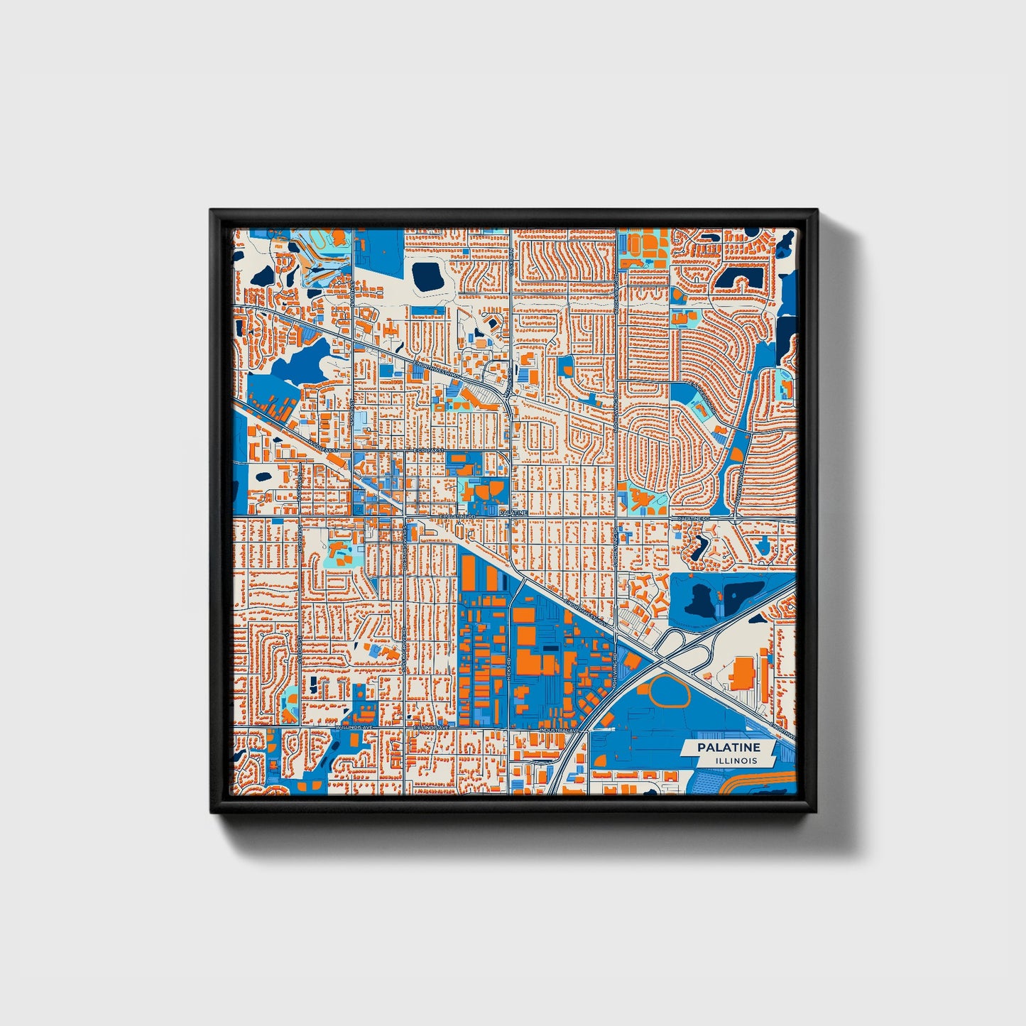 Palatine Illinois Colorful City Map Canvas Print • Black Framed