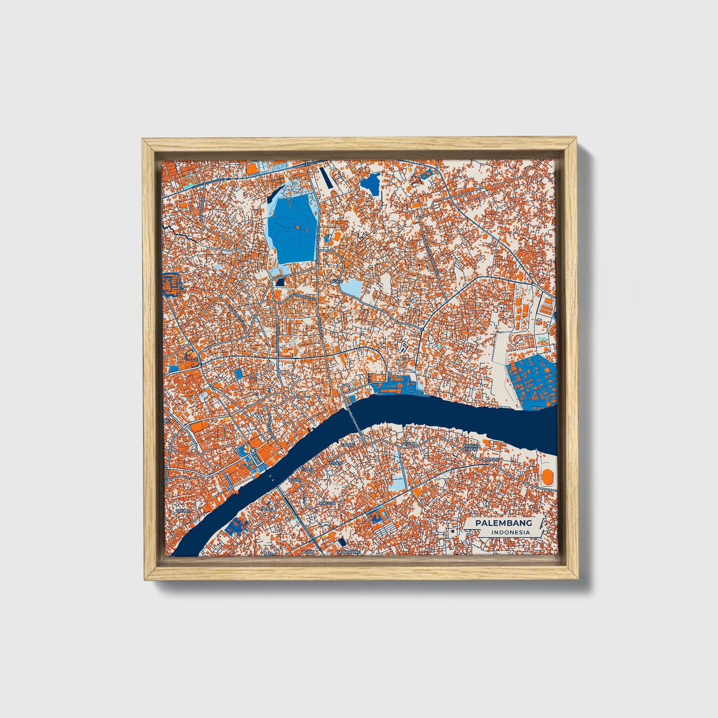 Palembang Indonesia Colorful City Map Canvas Print • Natural Wooden Framed
