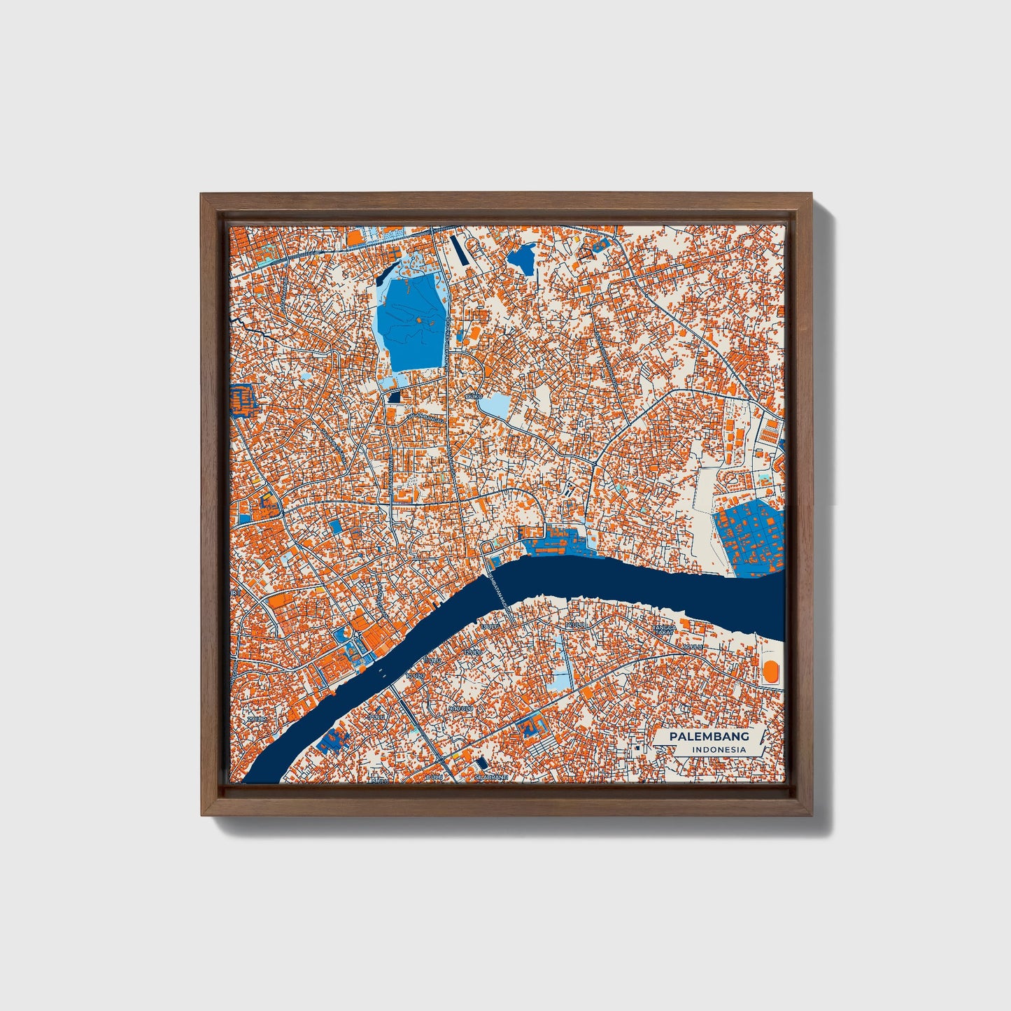 Palembang Indonesia Colorful City Map Canvas Print • Dark Wooden Framed