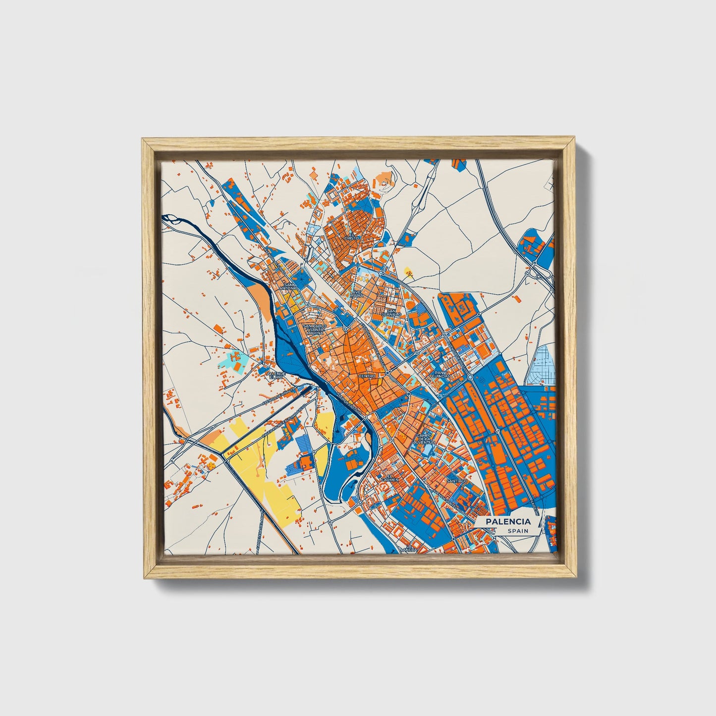 Palencia Spain Colorful City Map Canvas Print • Natural Wooden Framed